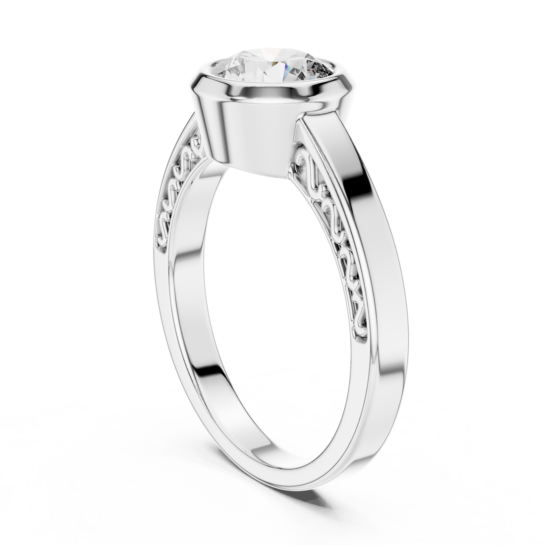 Round Bezel-Set Solitaire Ring with Filigree Shank