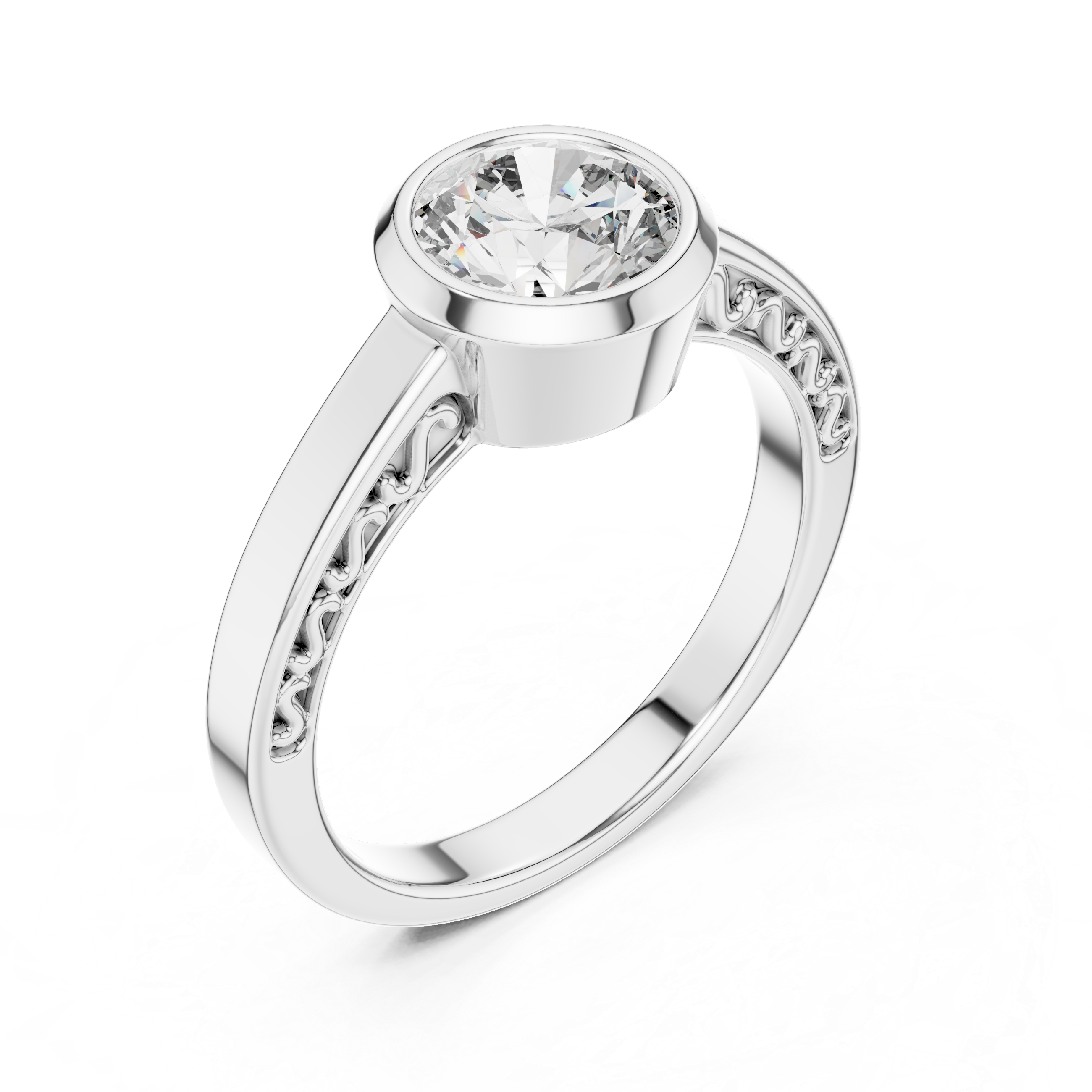 Round Bezel-Set Solitaire Ring with Filigree Shank