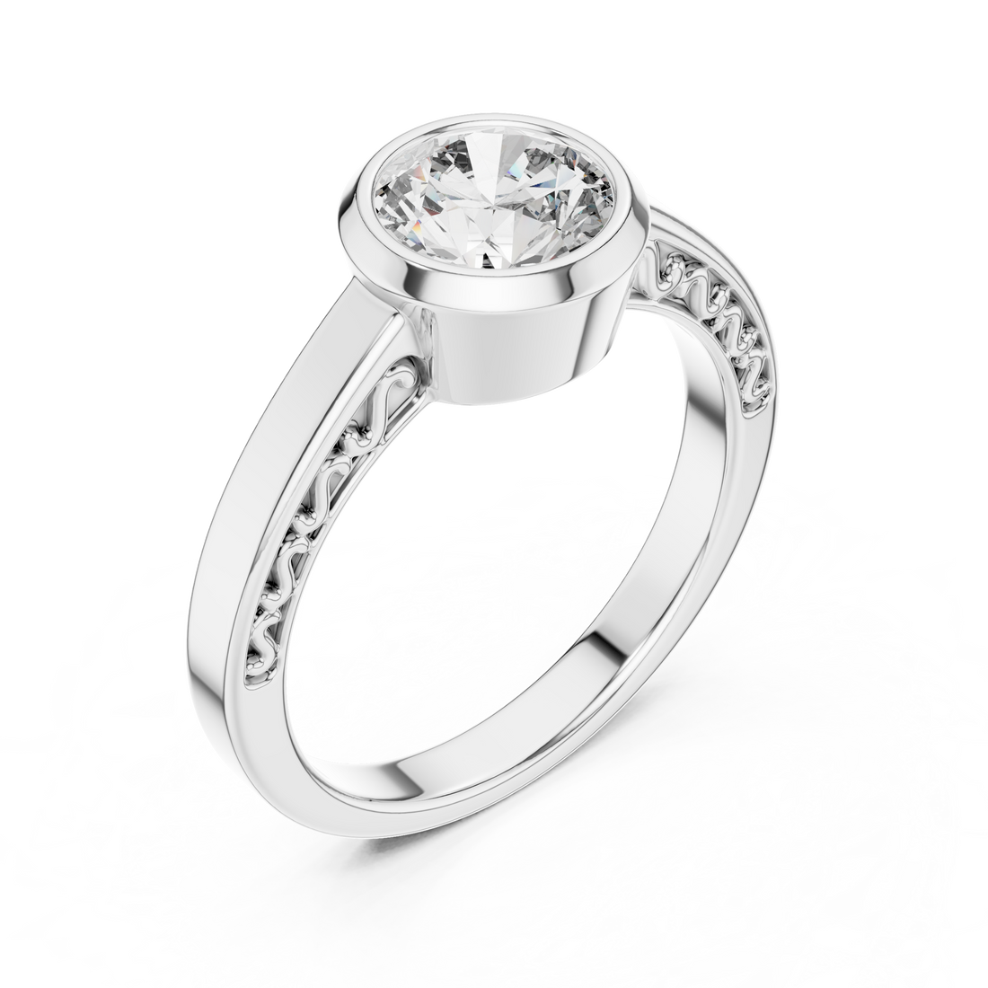 Round Bezel-Set Solitaire Ring with Filigree Shank