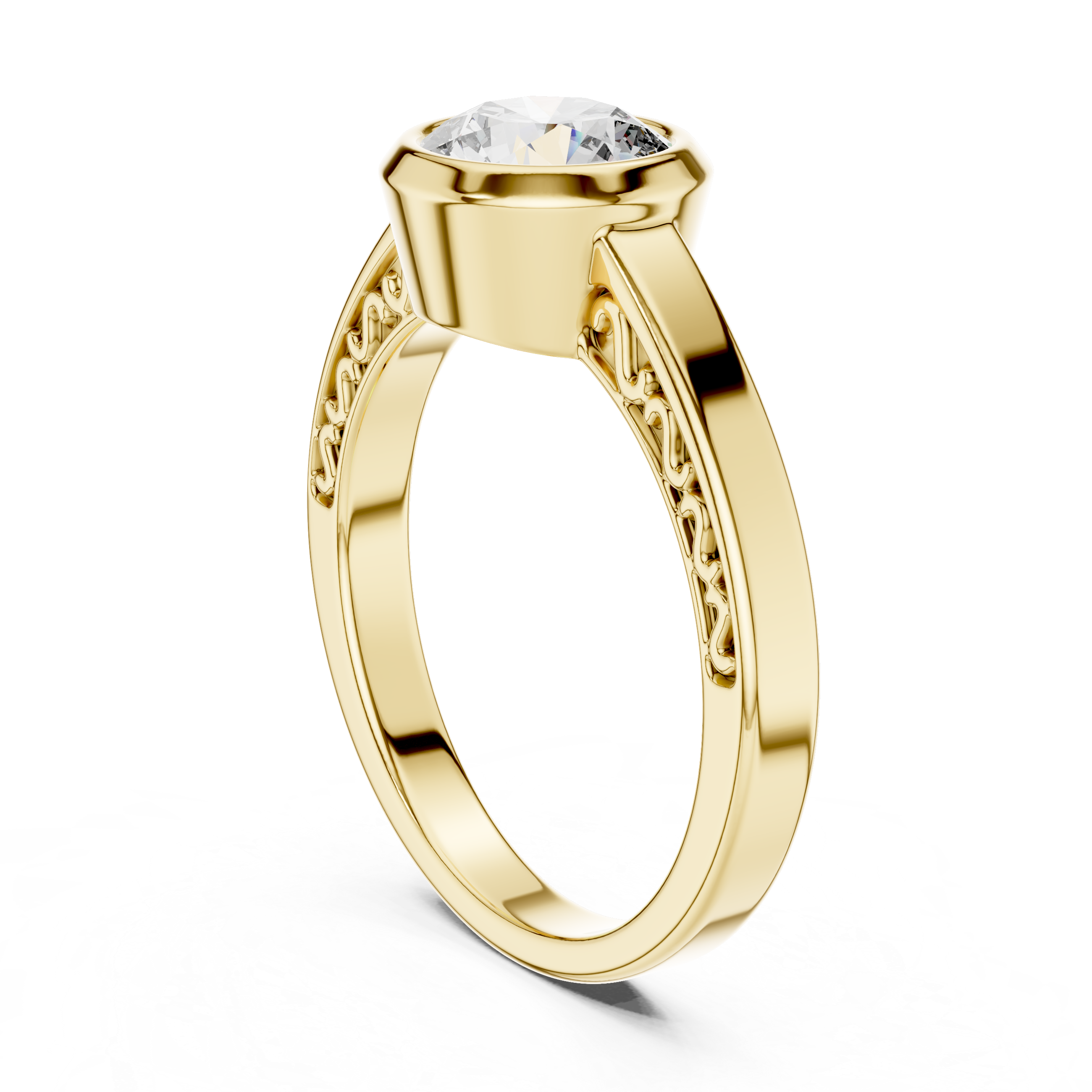 Round Bezel-Set Solitaire Ring with Filigree Shank