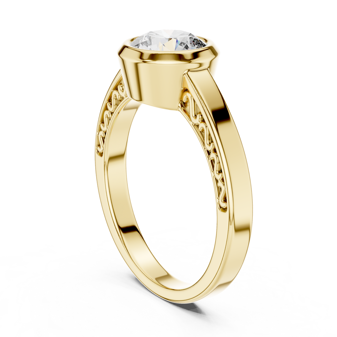 Round Bezel-Set Solitaire Ring with Filigree Shank