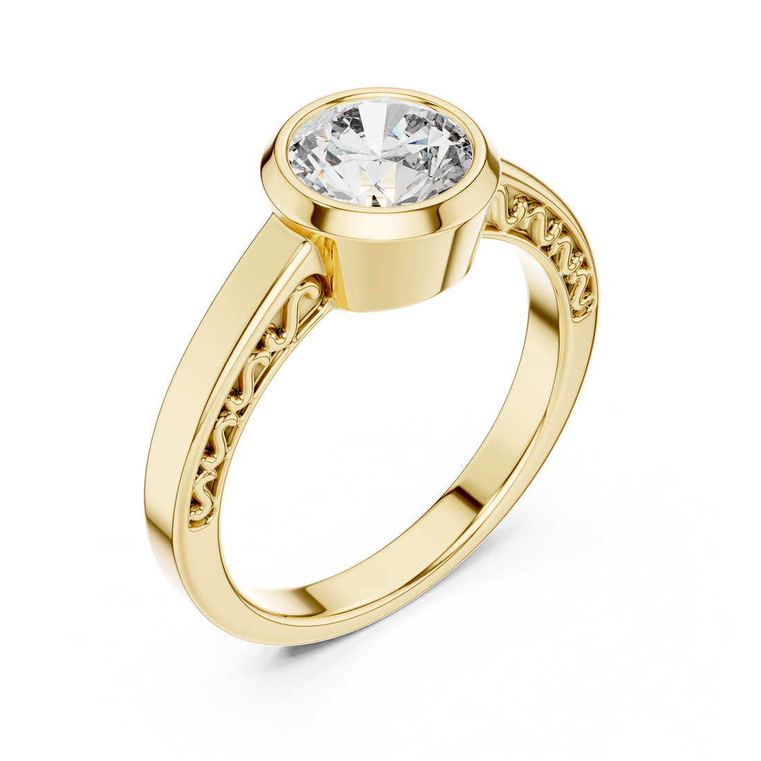 Round Bezel-Set Solitaire Ring with Filigree Shank