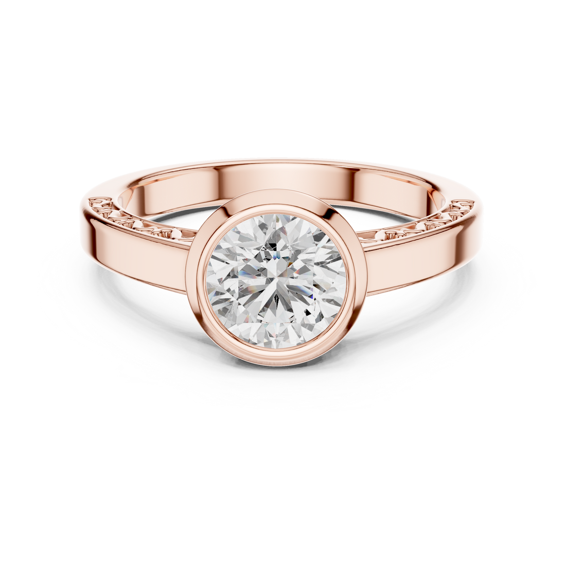 Round Bezel-Set Solitaire Ring with Filigree Shank