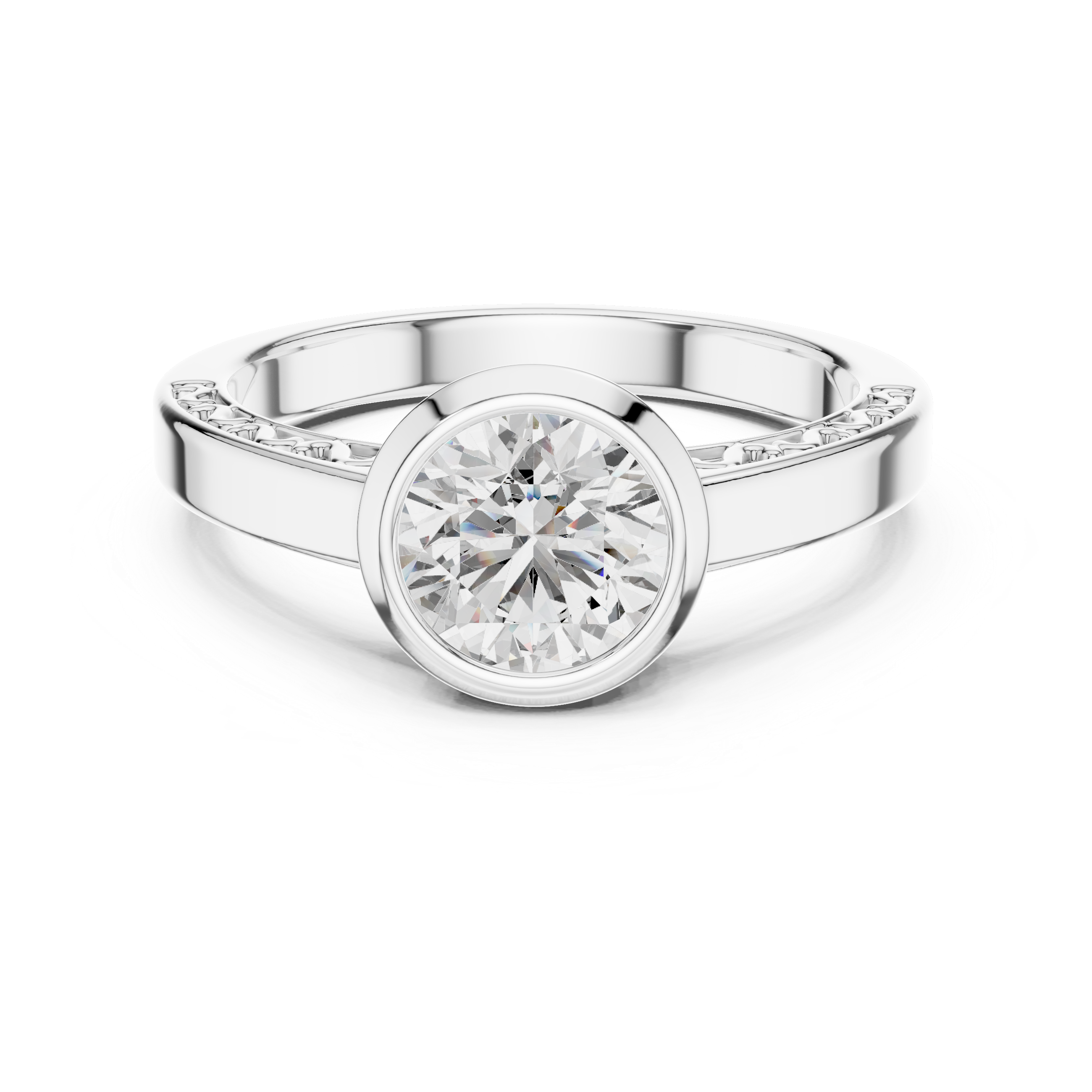 Round Bezel-Set Solitaire Ring with Filigree Shank