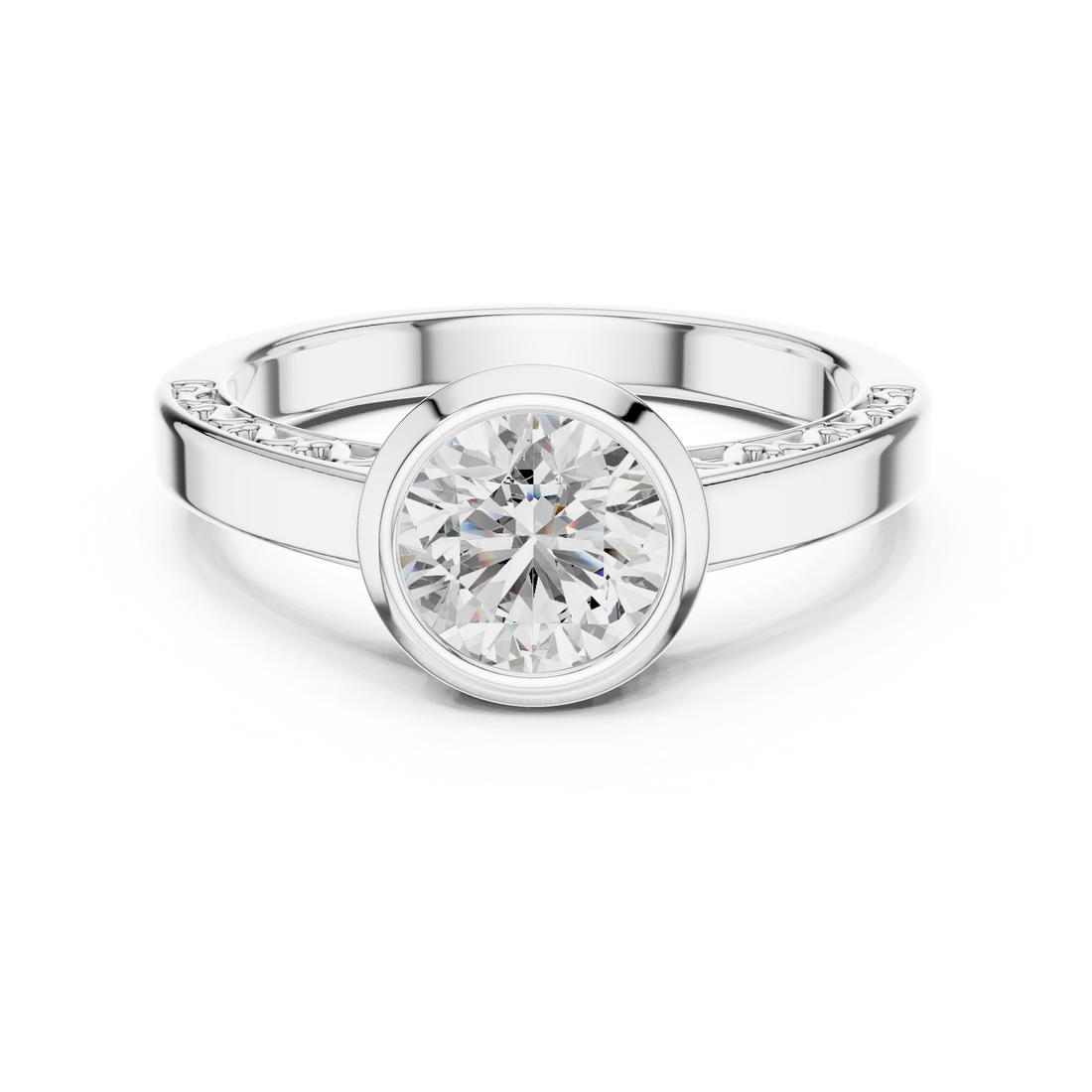 Round Bezel-Set Solitaire Ring with Filigree Shank