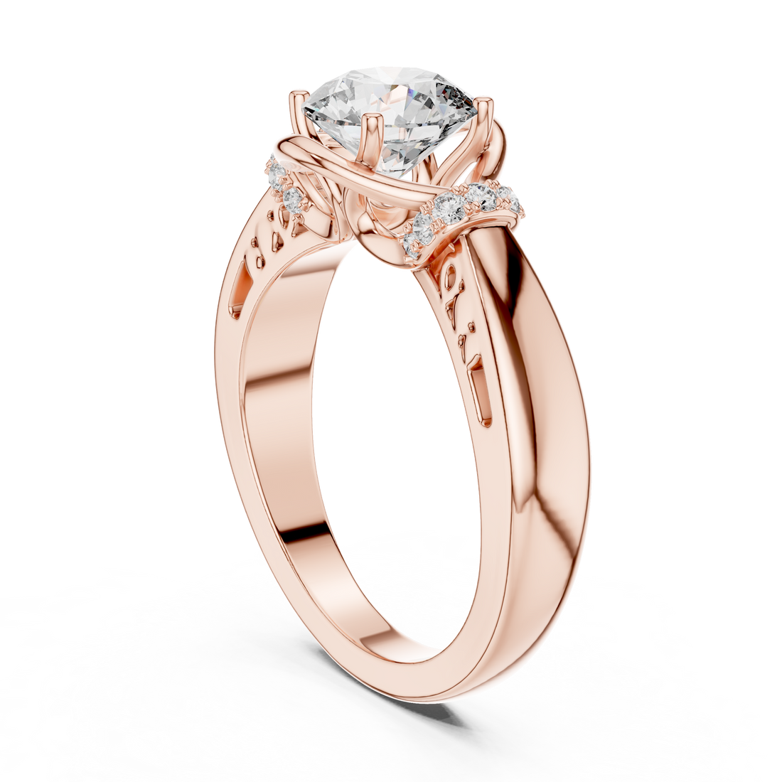Round Solitaire Engagement Ring with Cross-Over Vine Accents