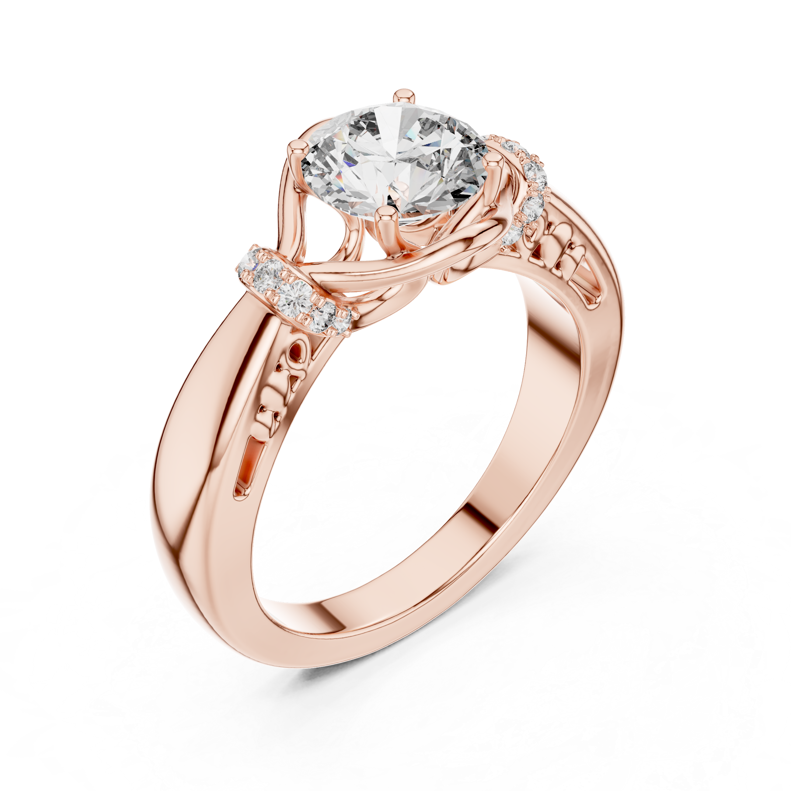 Round Solitaire Engagement Ring with Cross-Over Vine Accents