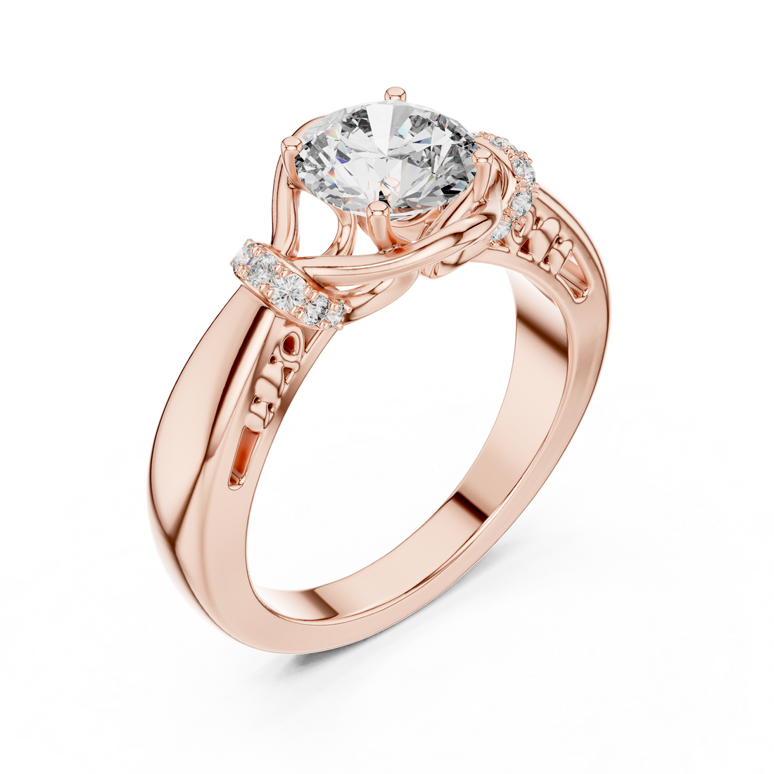 Round Solitaire Engagement Ring with Cross-Over Vine Accents