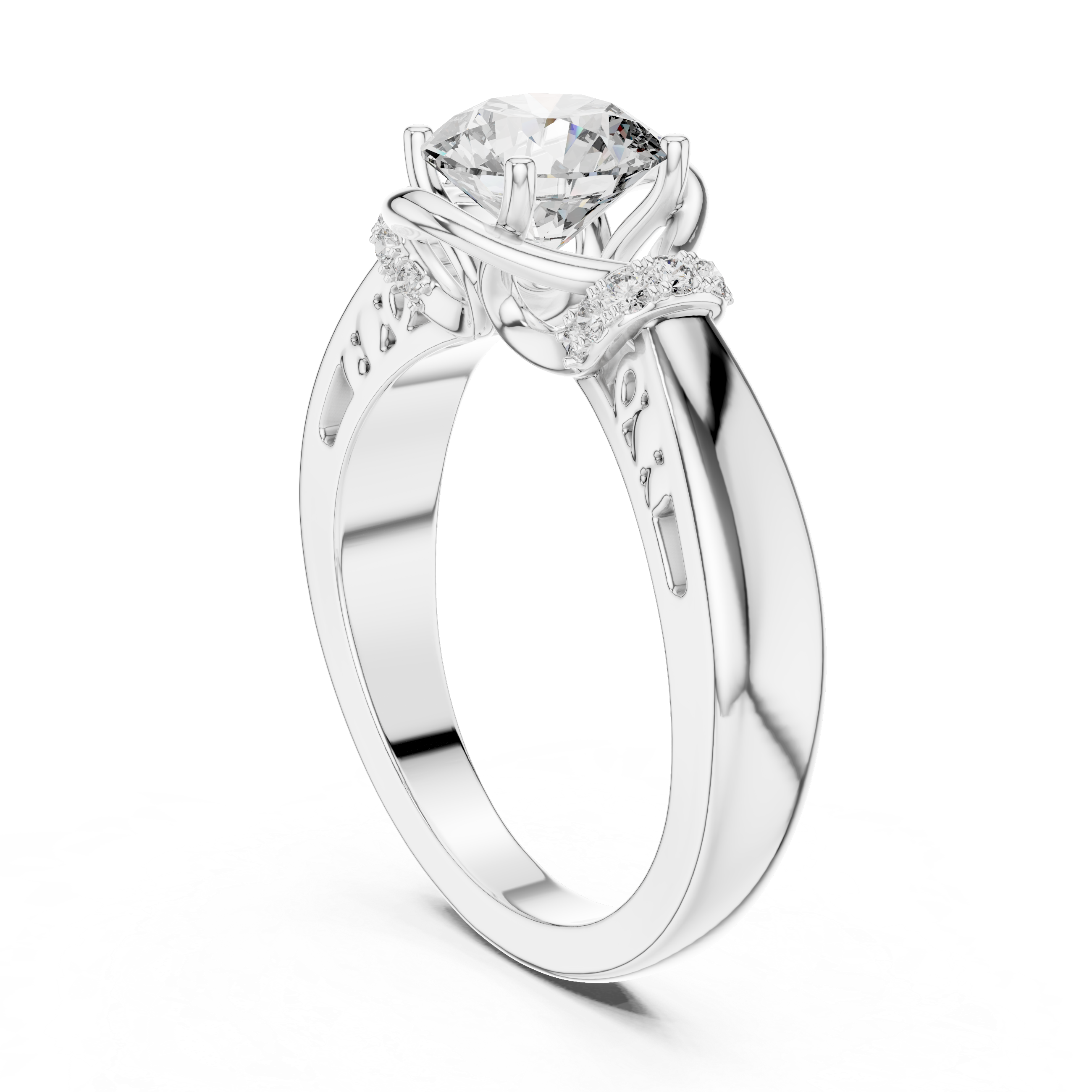 Round Solitaire Engagement Ring with Cross-Over Vine Accents