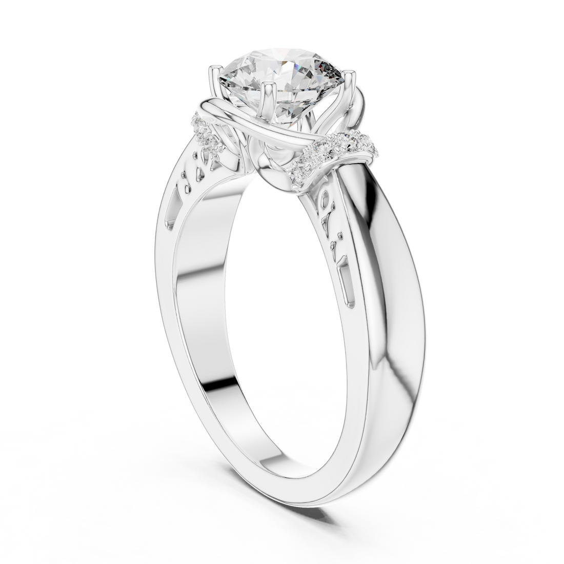 Round Solitaire Engagement Ring with Cross-Over Vine Accents
