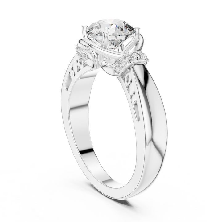 Round Solitaire Engagement Ring with Cross-Over Vine Accents
