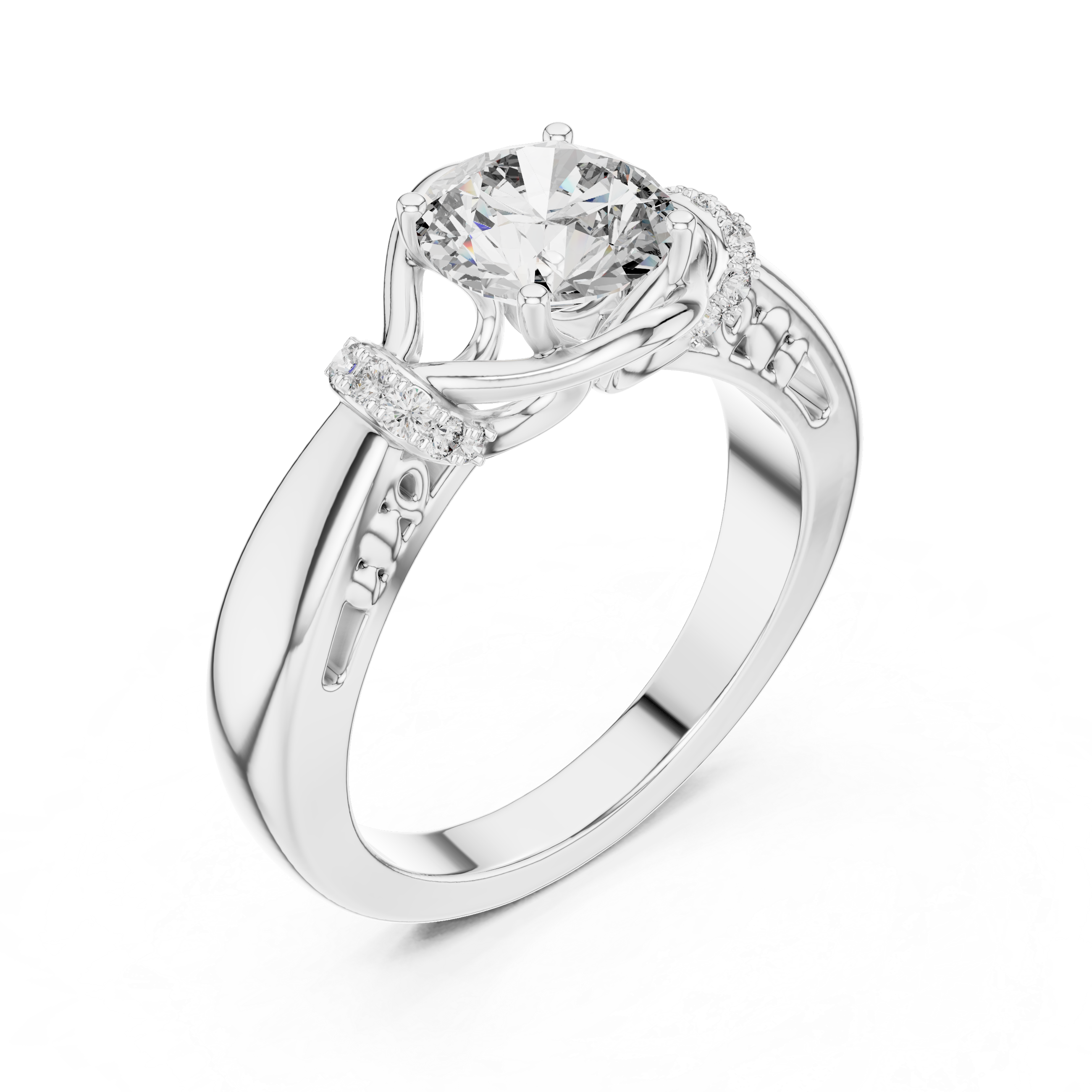 Round Solitaire Engagement Ring with Cross-Over Vine Accents