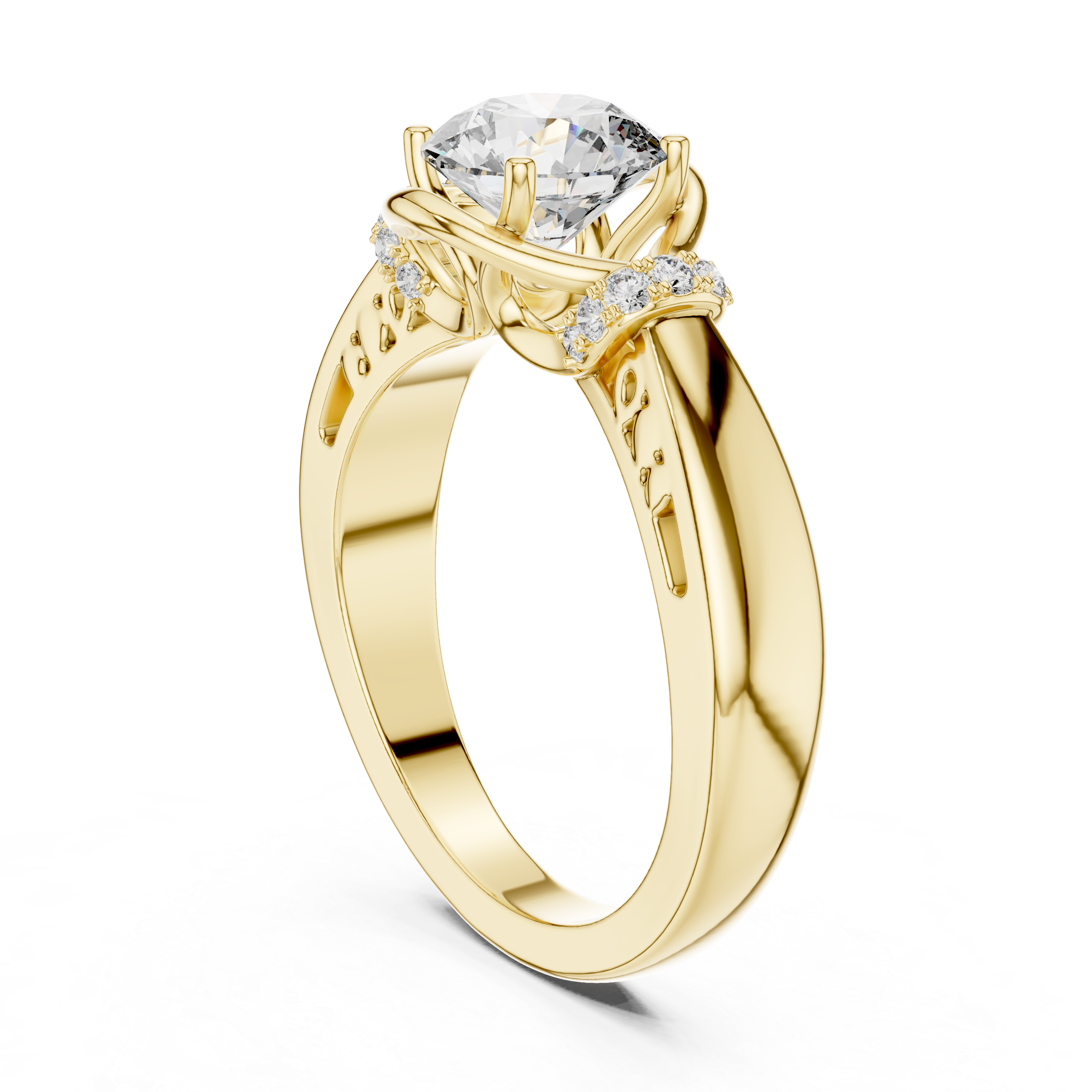 Round Solitaire Engagement Ring with Cross-Over Vine Accents