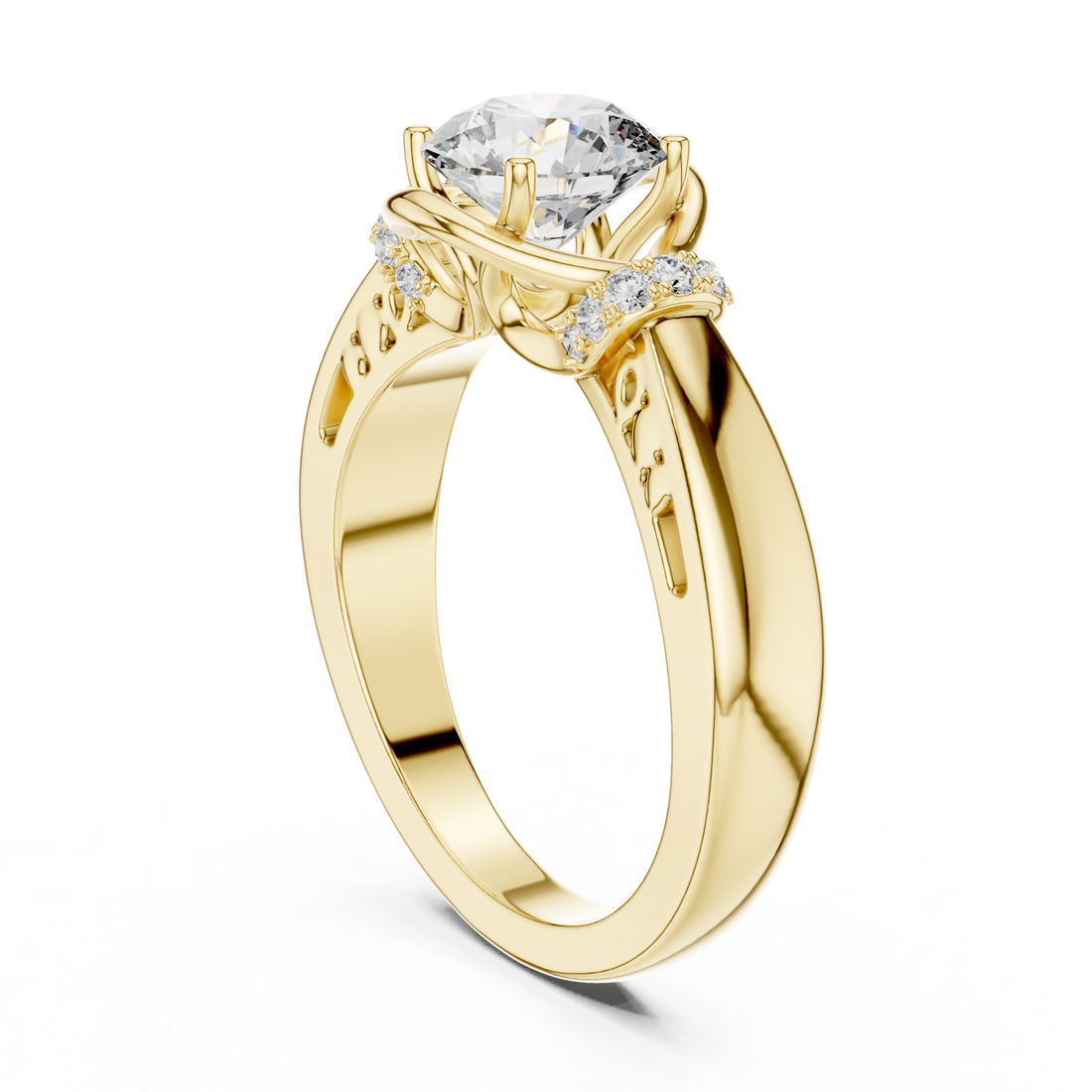 Round Solitaire Engagement Ring with Cross-Over Vine Accents