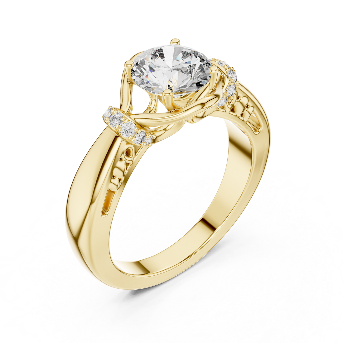 Round Solitaire Engagement Ring with Cross-Over Vine Accents