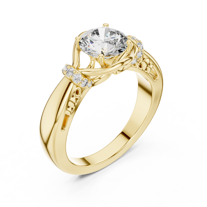 Round Solitaire Engagement Ring with Cross-Over Vine Accents