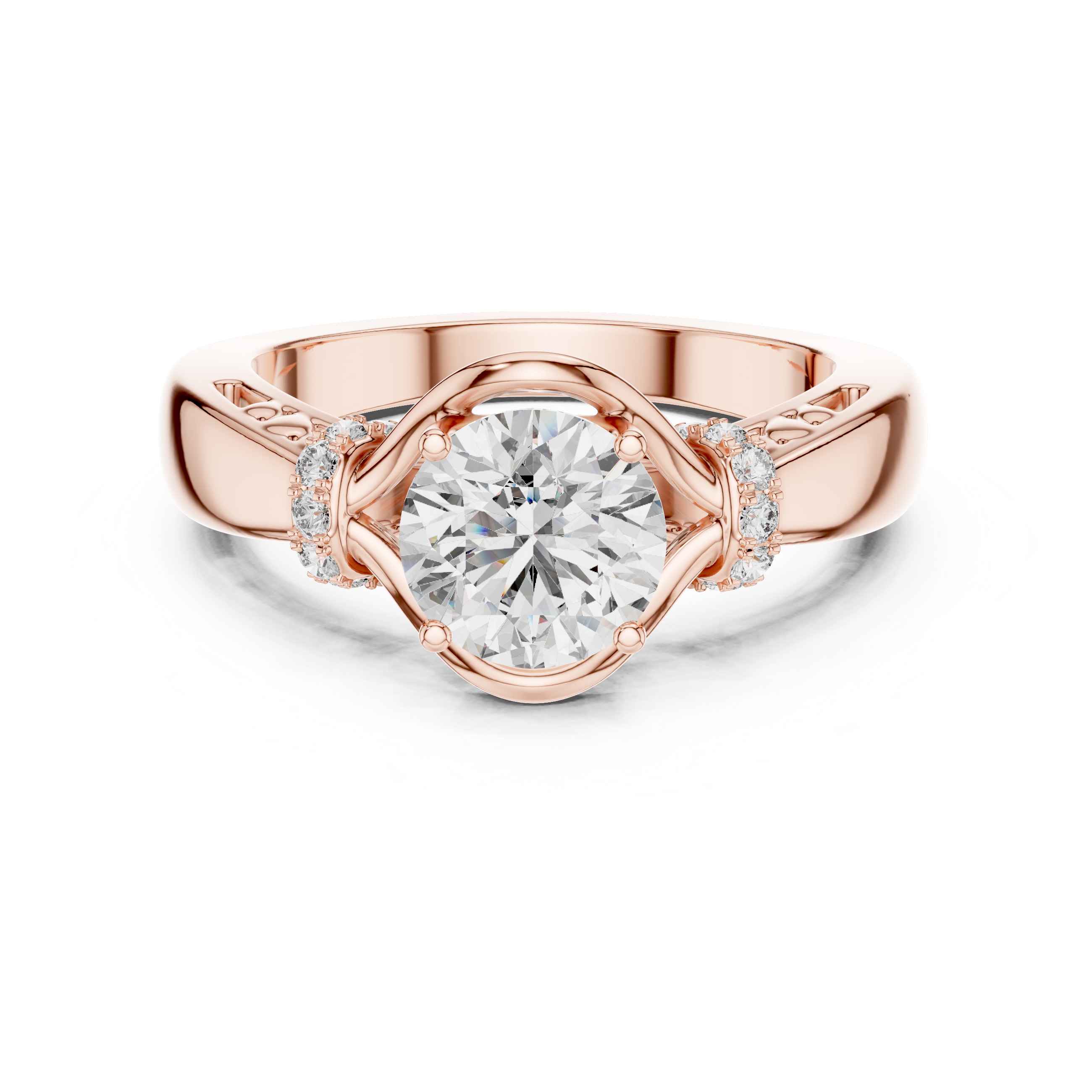 Round Solitaire Engagement Ring with Cross-Over Vine Accents