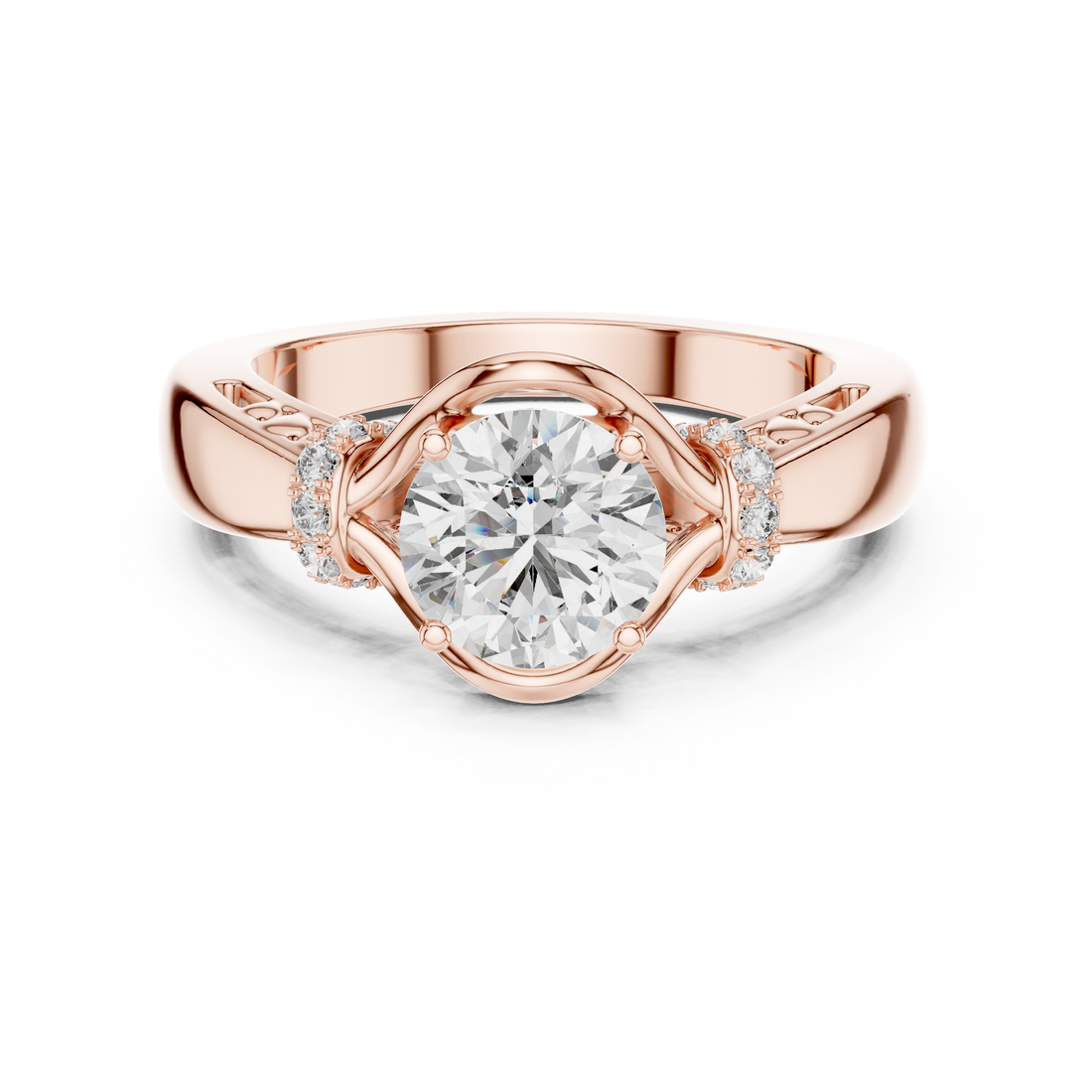 Round Solitaire Engagement Ring with Cross-Over Vine Accents