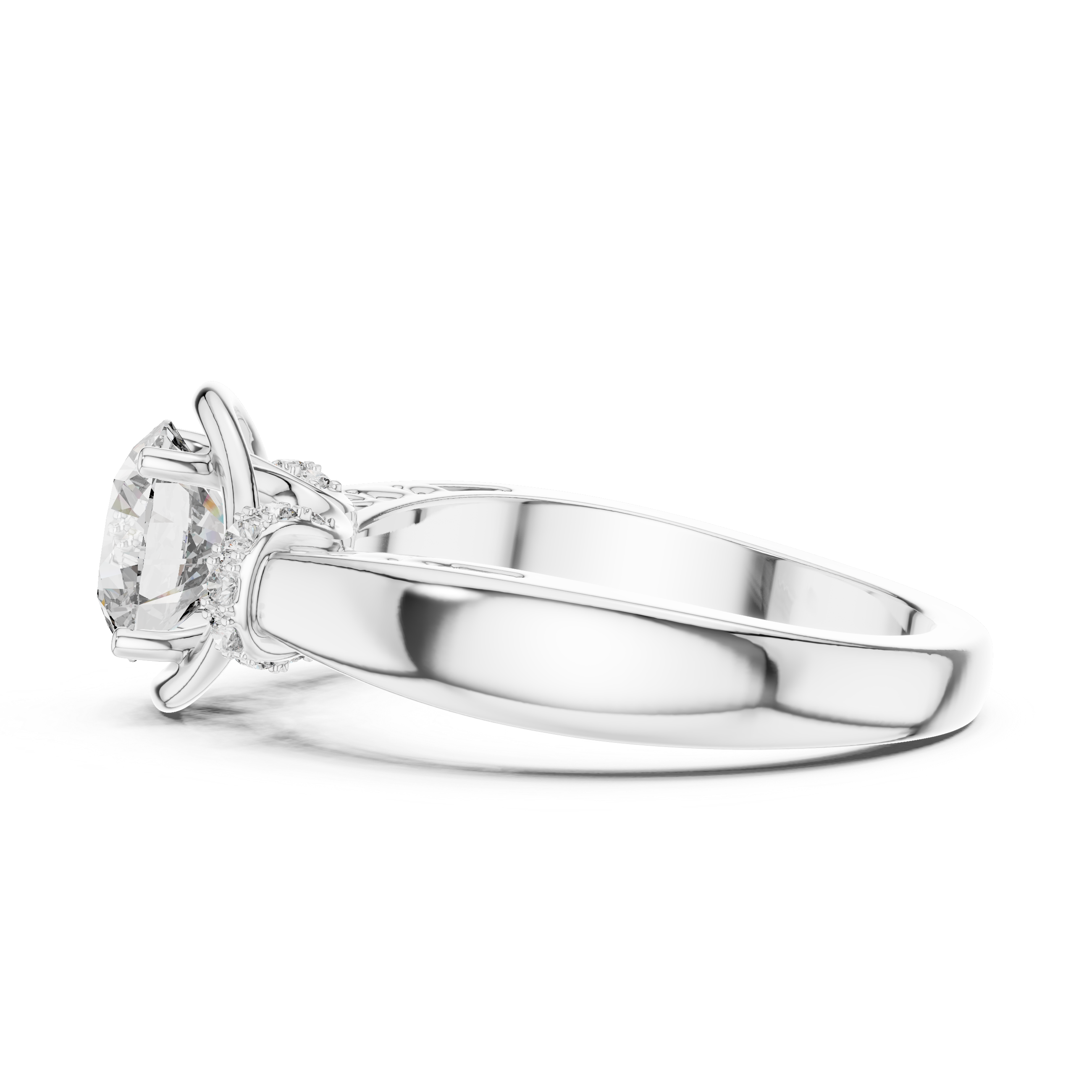 Round Solitaire Engagement Ring with Cross-Over Vine Accents