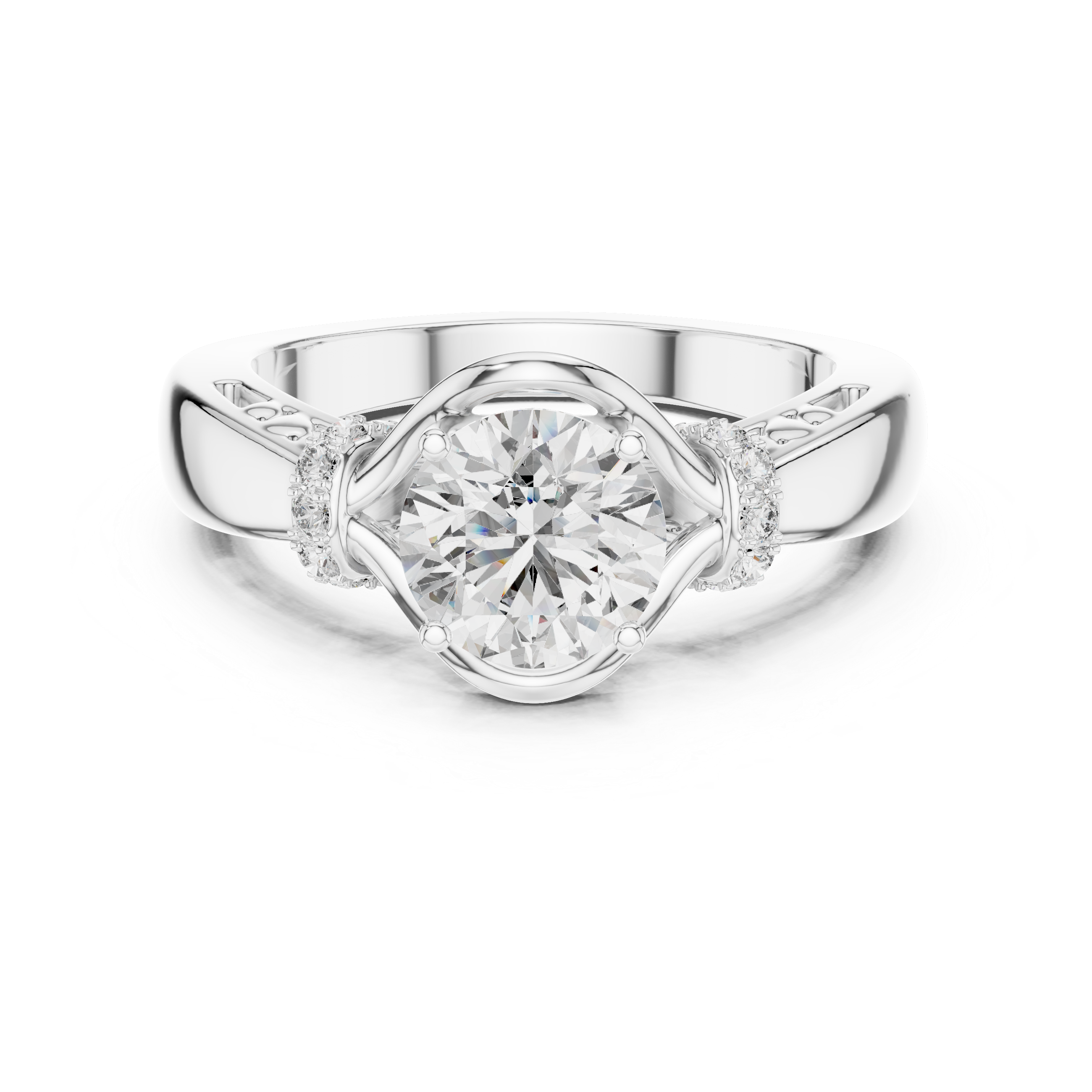 Round Solitaire Engagement Ring with Cross-Over Vine Accents