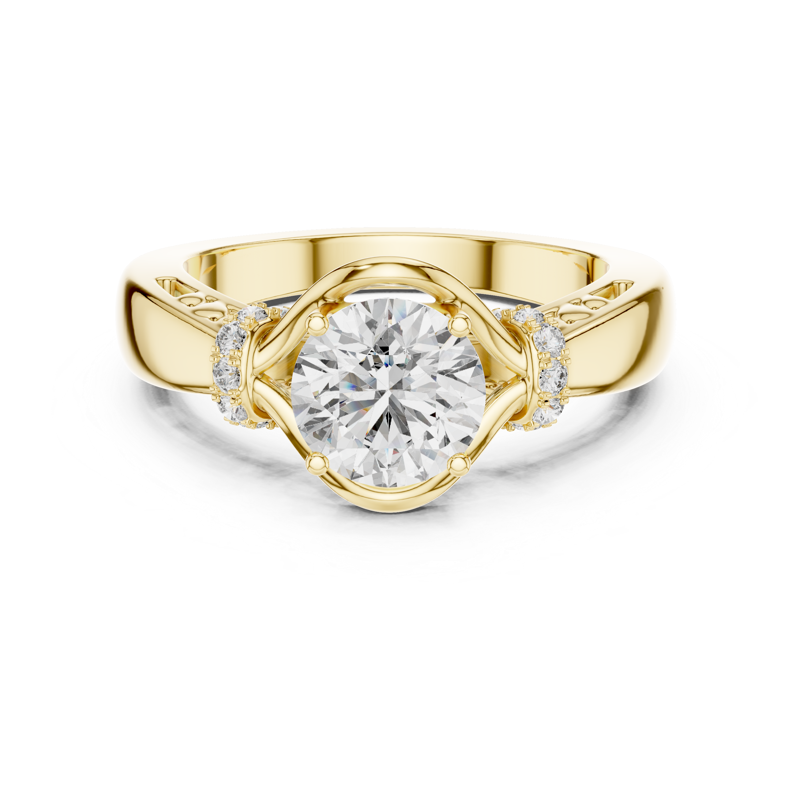 Round Solitaire Engagement Ring with Cross-Over Vine Accents