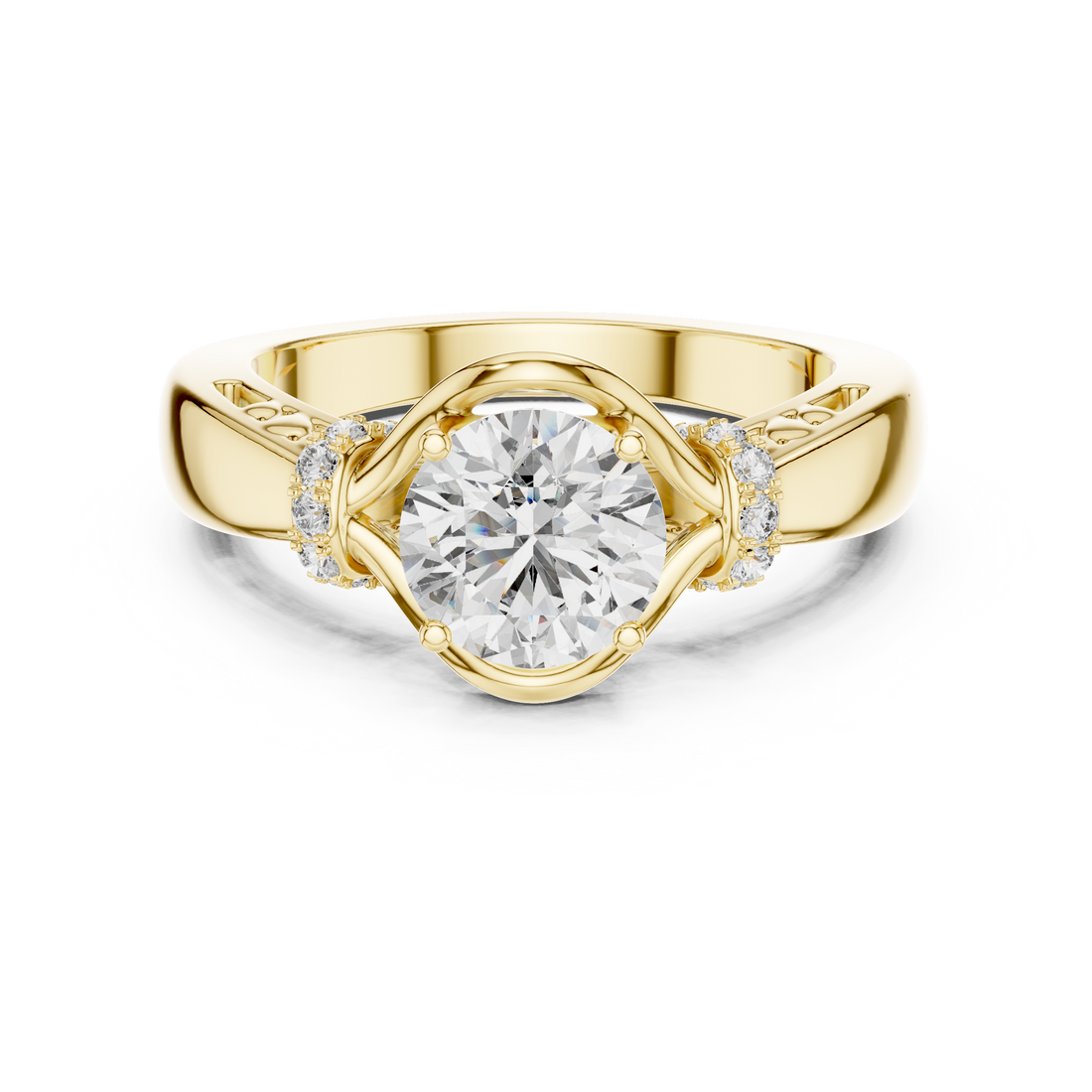Round Solitaire Engagement Ring with Cross-Over Vine Accents