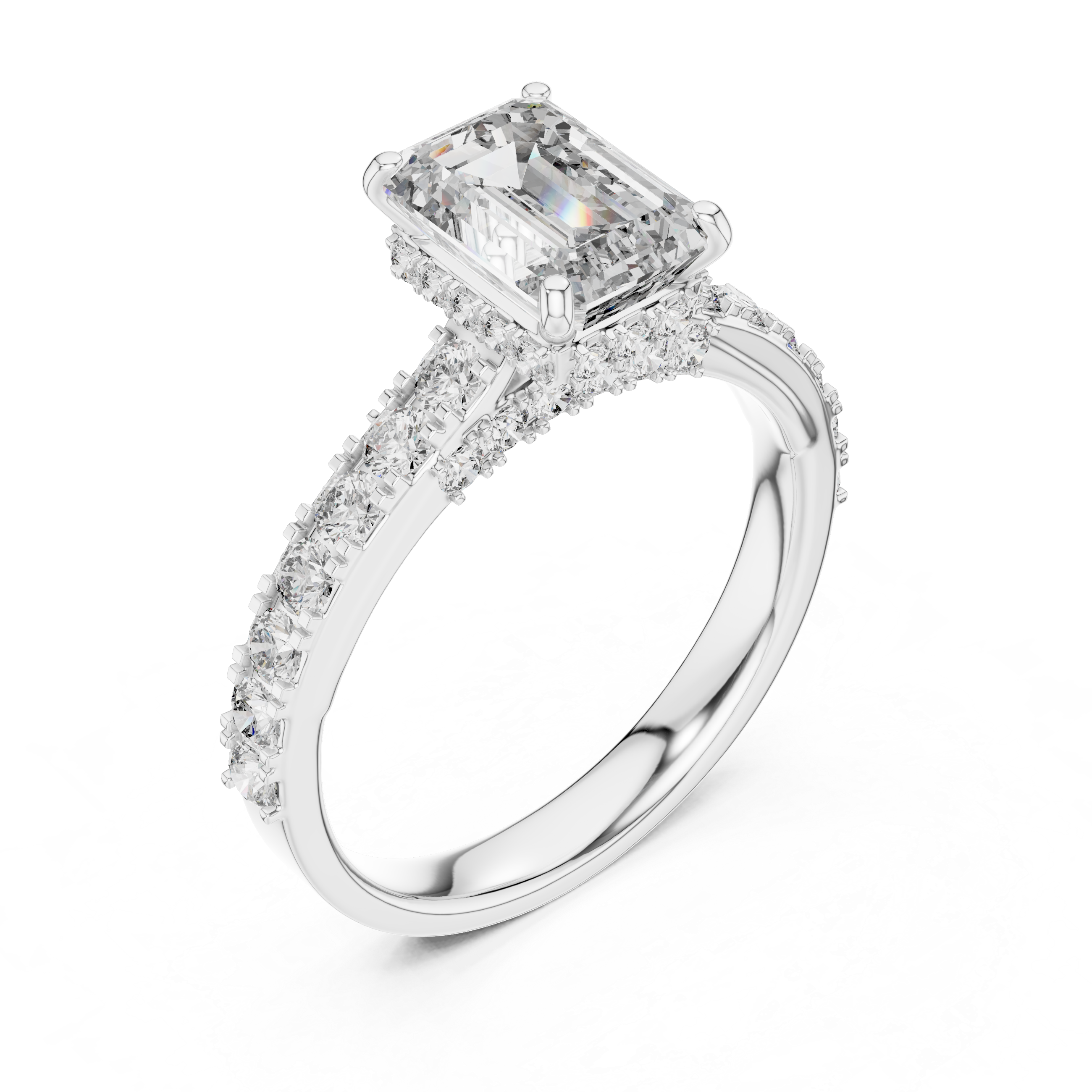 Emerald-Cut Diamond Engagement Ring with Under-Halo & Accent Shank