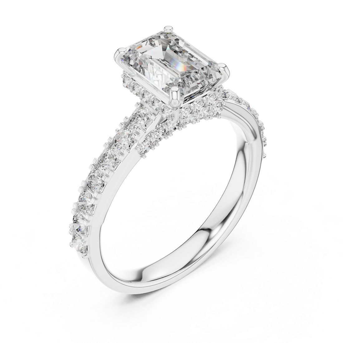 Emerald-Cut Diamond Engagement Ring with Under-Halo & Accent Shank