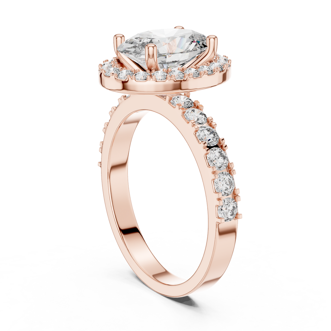 Oval Halo Engagement Ring with Shared-Prong Accent Shank
