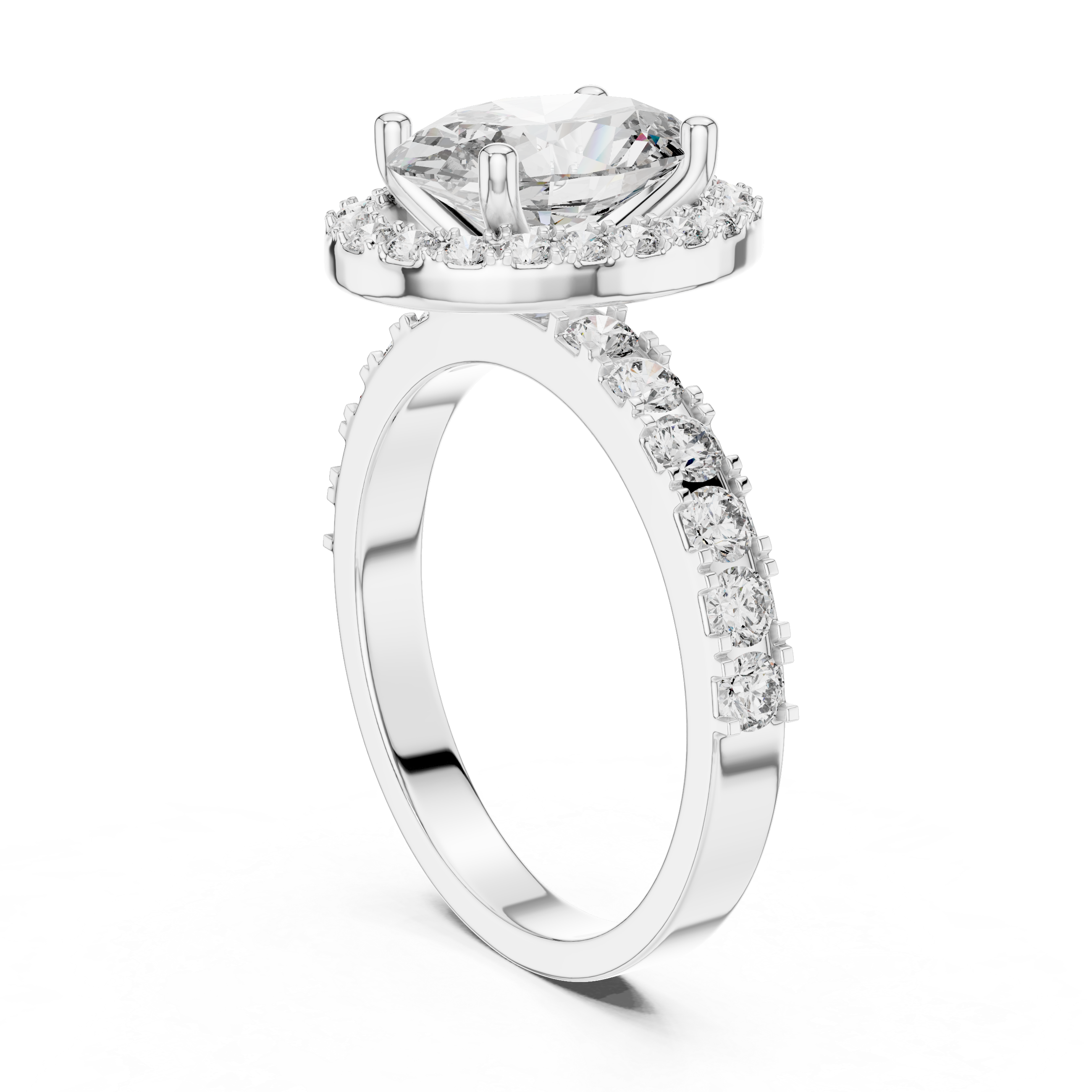 Oval Halo Engagement Ring with Shared-Prong Accent Shank