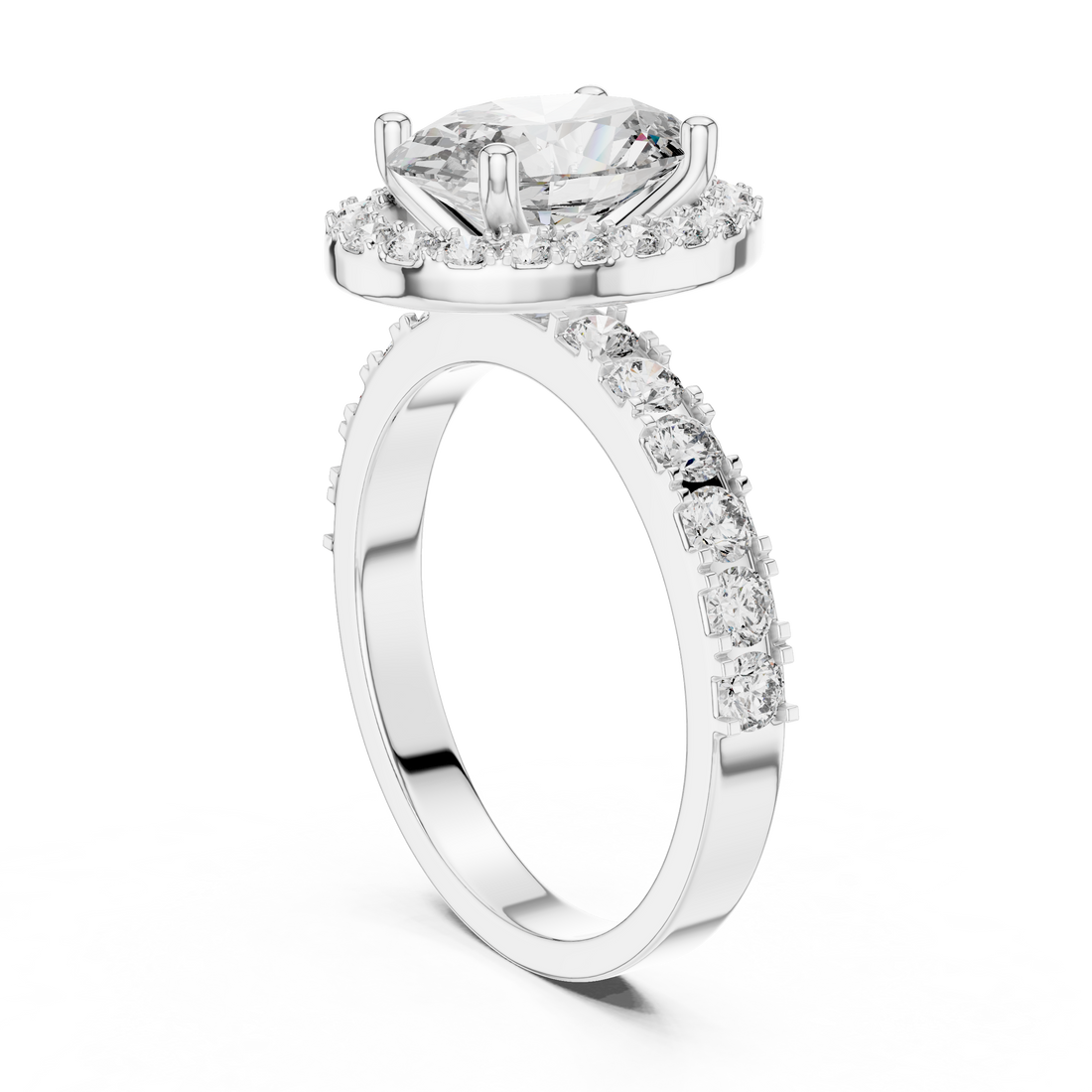 Oval Halo Engagement Ring with Shared-Prong Accent Shank