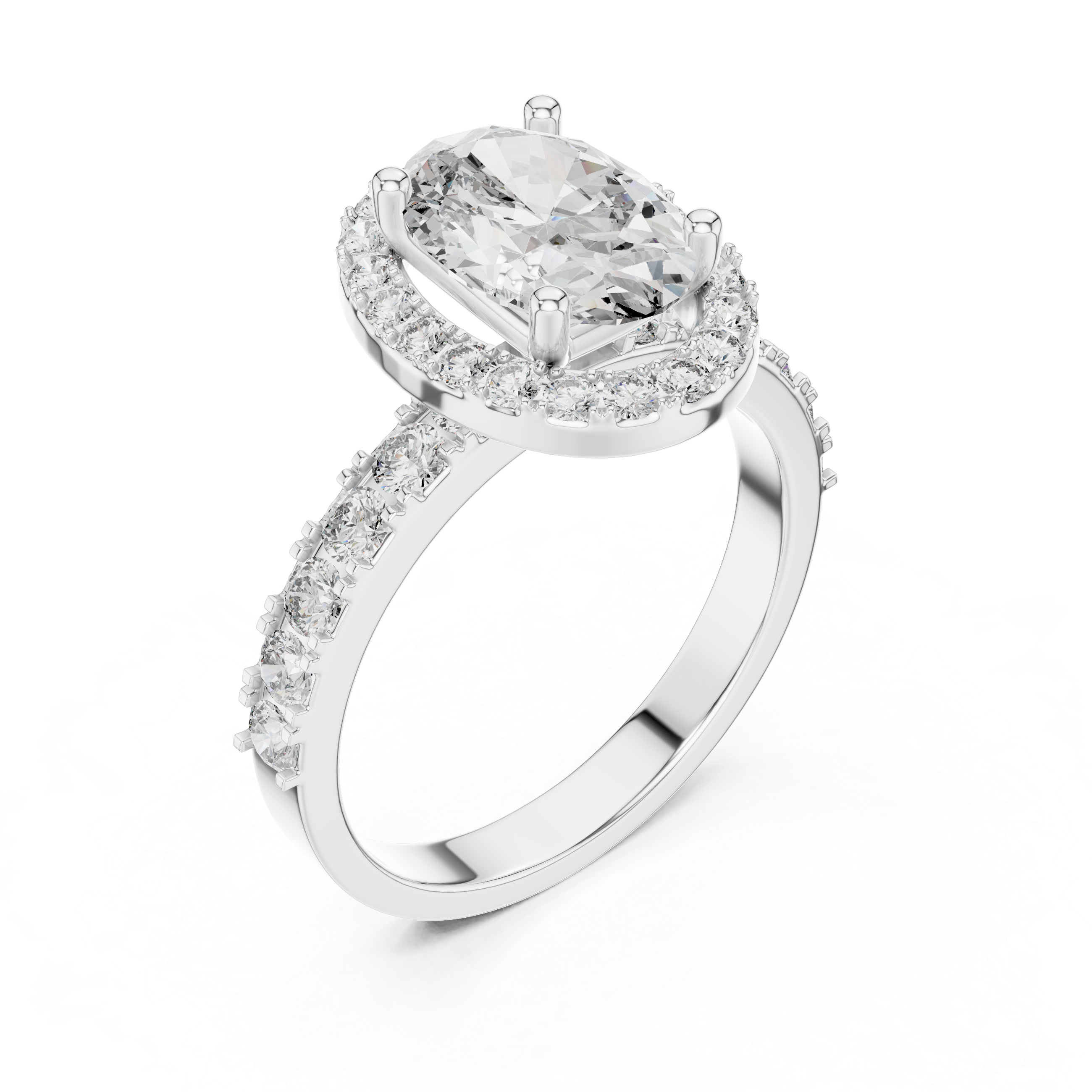 Oval Halo Engagement Ring with Shared-Prong Accent Shank