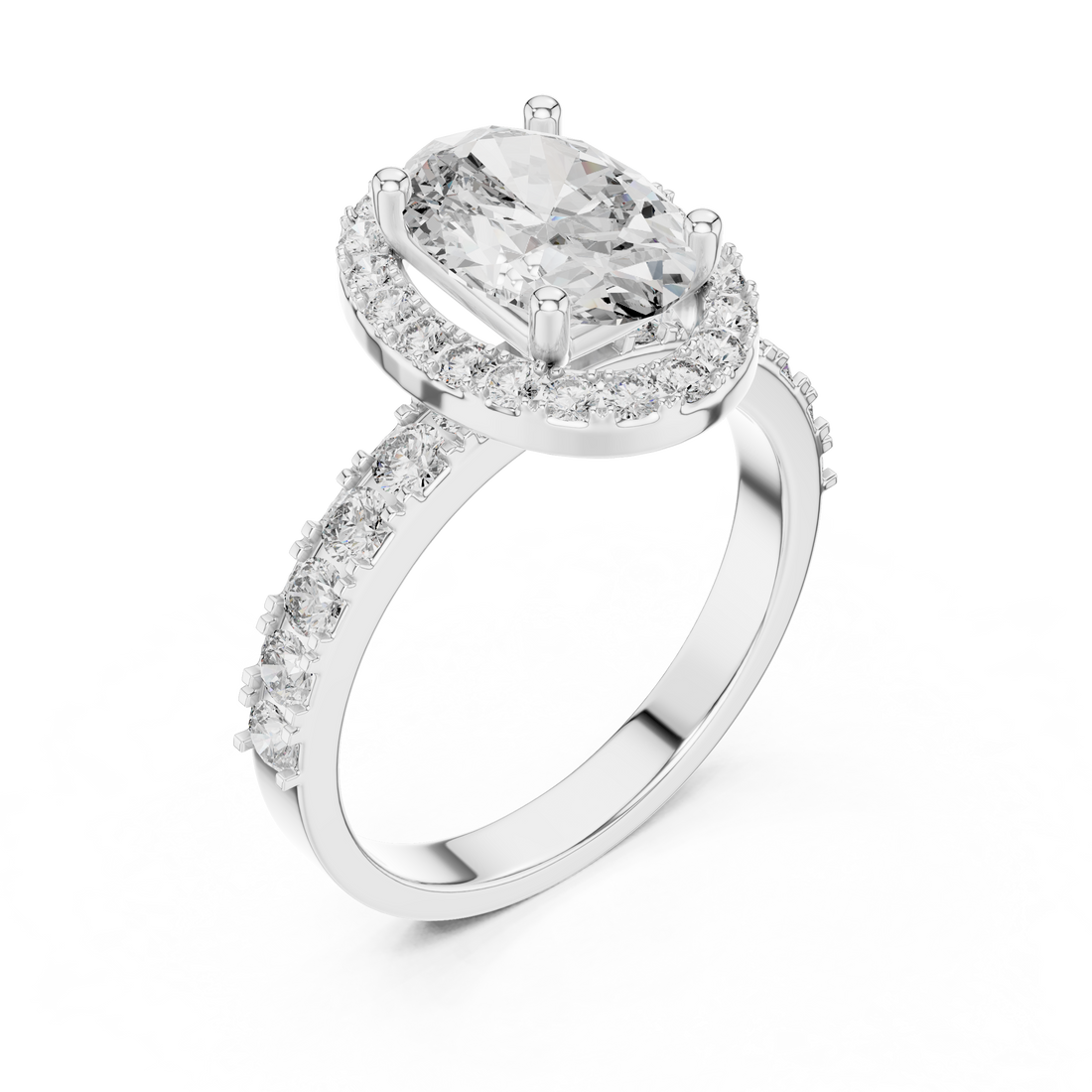 Oval Halo Engagement Ring with Shared-Prong Accent Shank