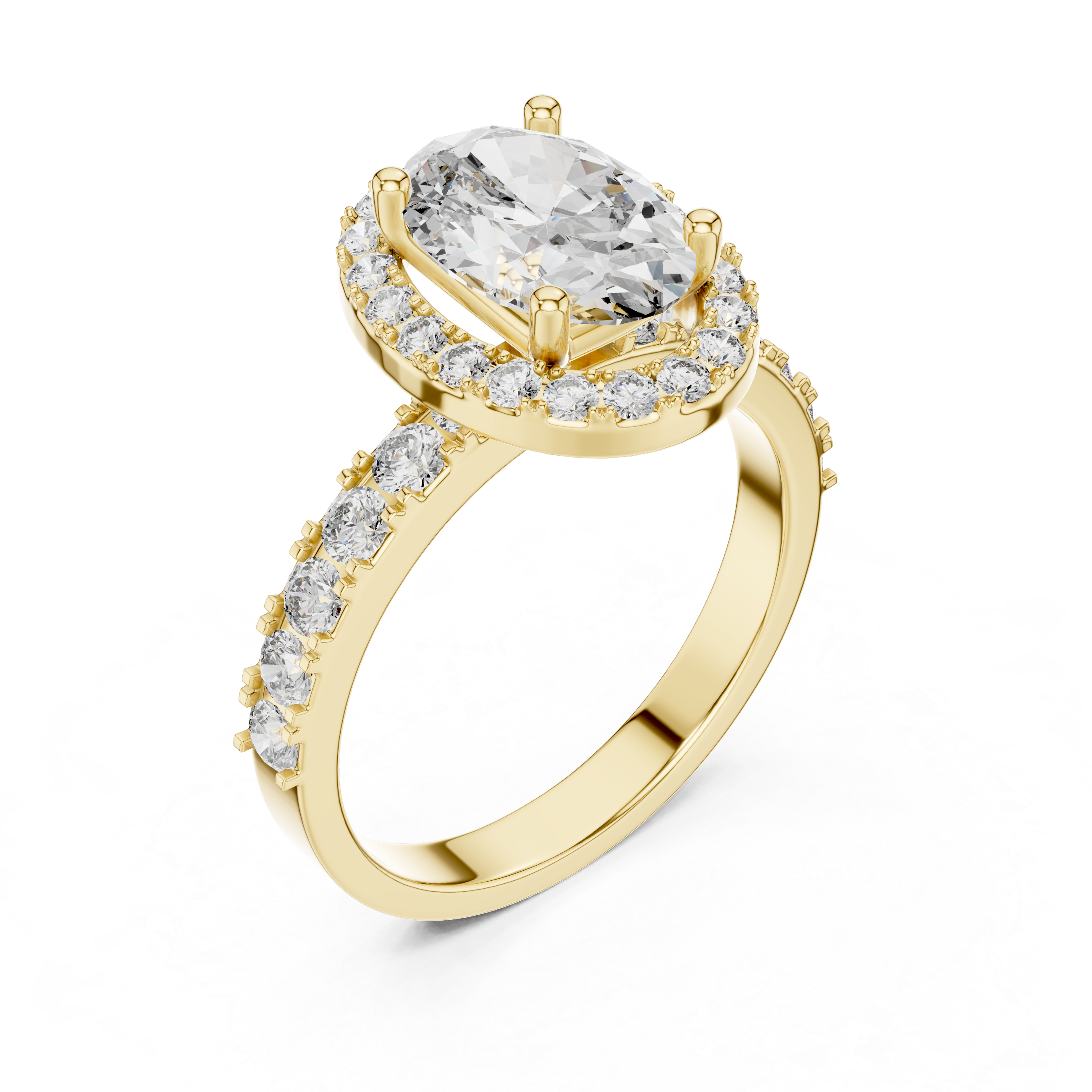 Oval Halo Engagement Ring with Shared-Prong Accent Shank