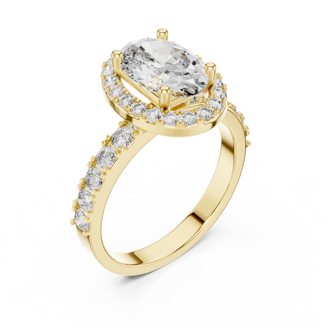 Oval Halo Engagement Ring with Shared-Prong Accent Shank