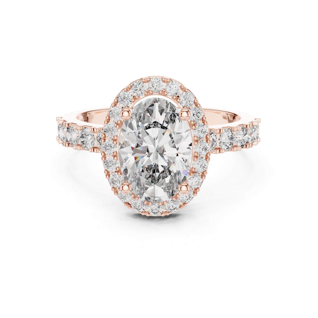 Oval Halo Engagement Ring with Shared-Prong Accent Shank