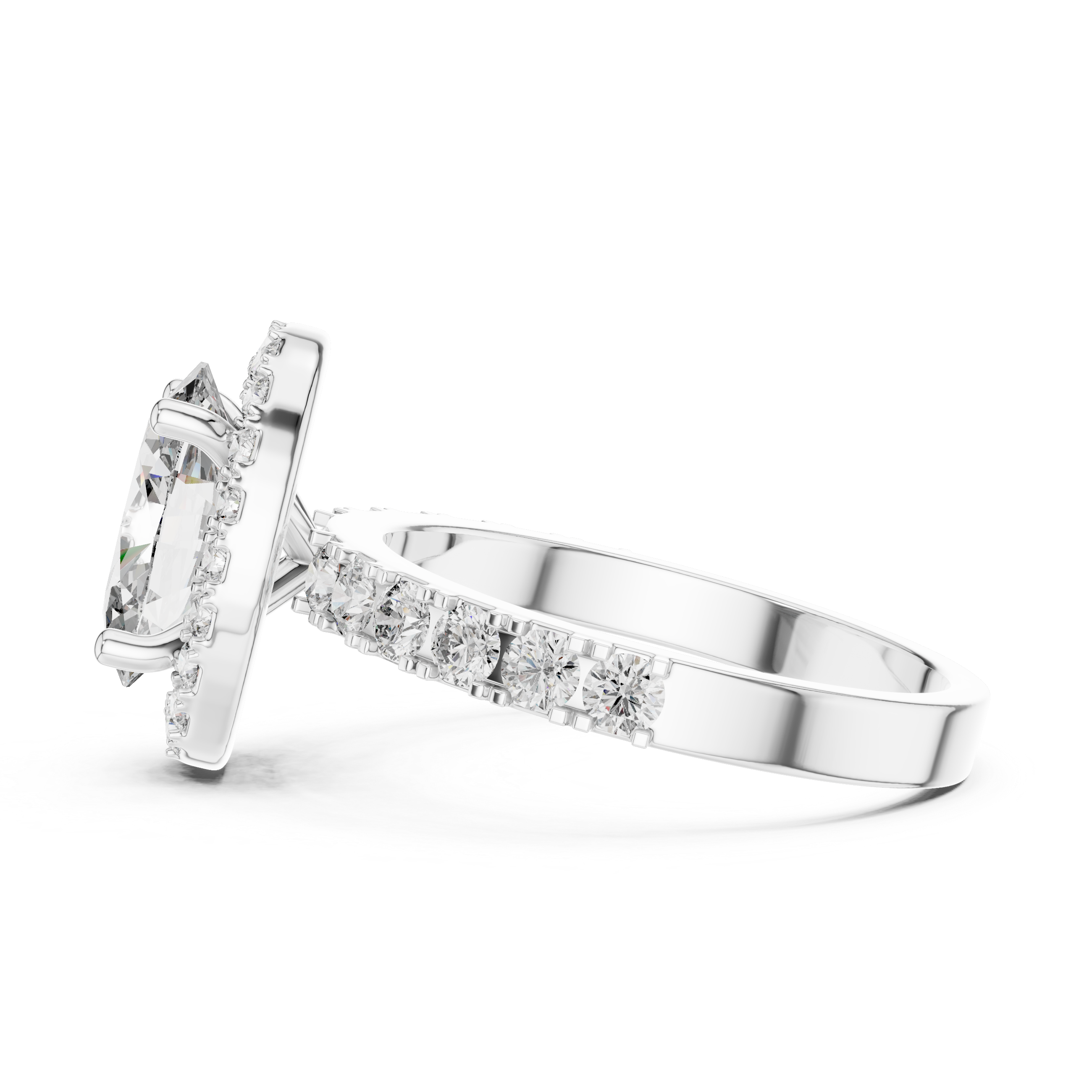 Oval Halo Engagement Ring with Shared-Prong Accent Shank