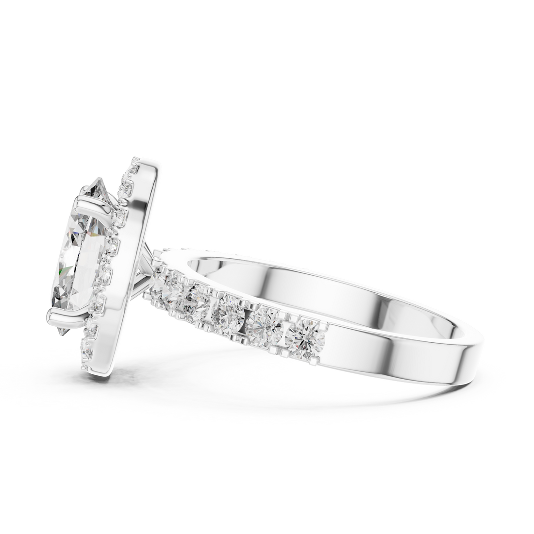 Oval Halo Engagement Ring with Shared-Prong Accent Shank