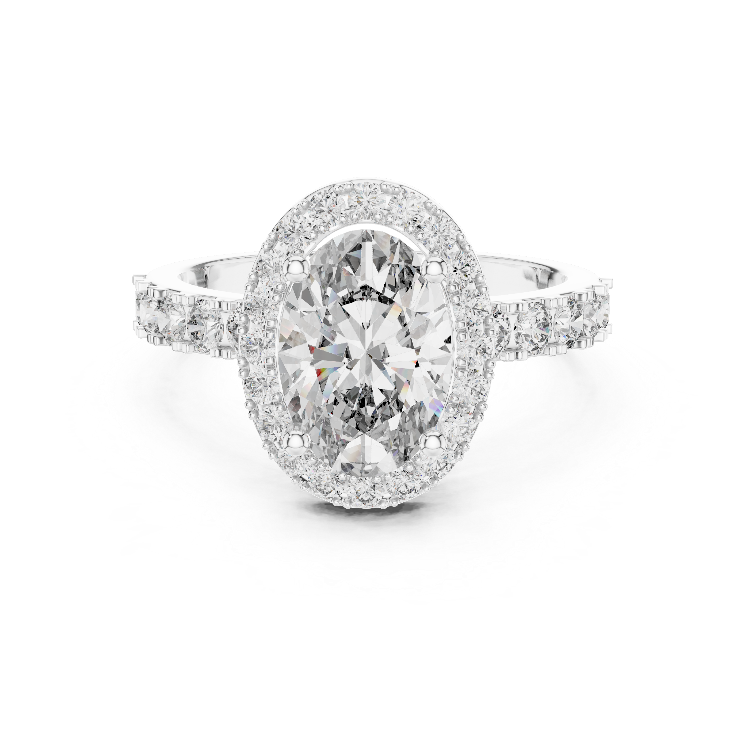 Oval Halo Engagement Ring with Shared-Prong Accent Shank