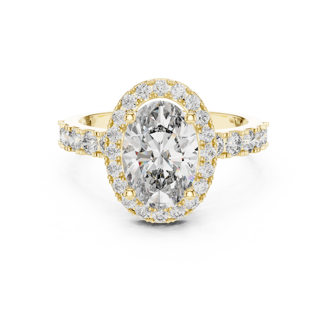 Oval Halo Engagement Ring with Shared-Prong Accent Shank