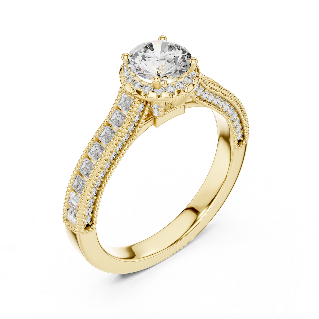 Round Solitaire Engagement Ring with Channel & U-Cut Accent Shank