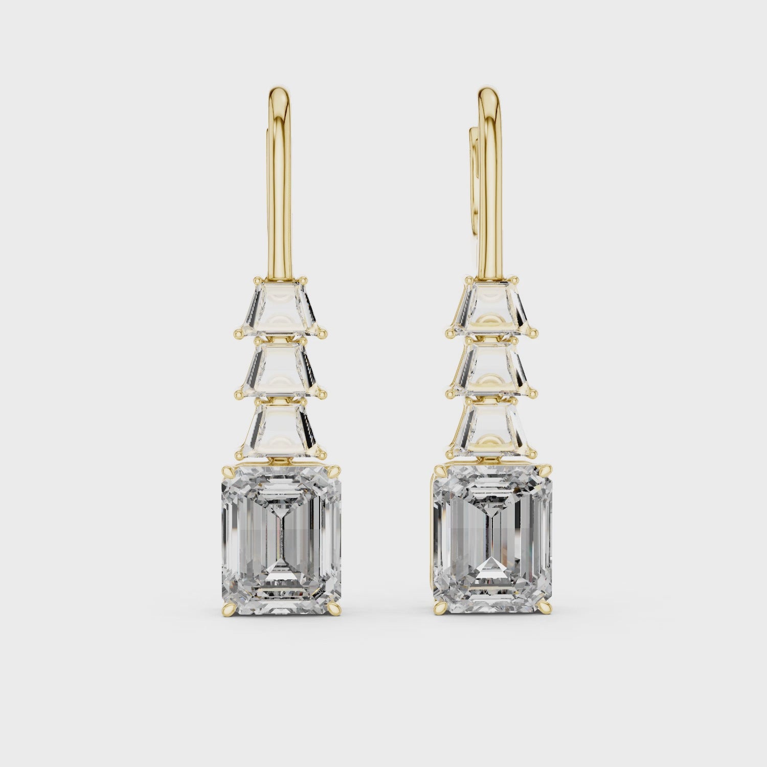 Emerald Cut Solitaire & Trapezoid Diamond Drop Earrings –