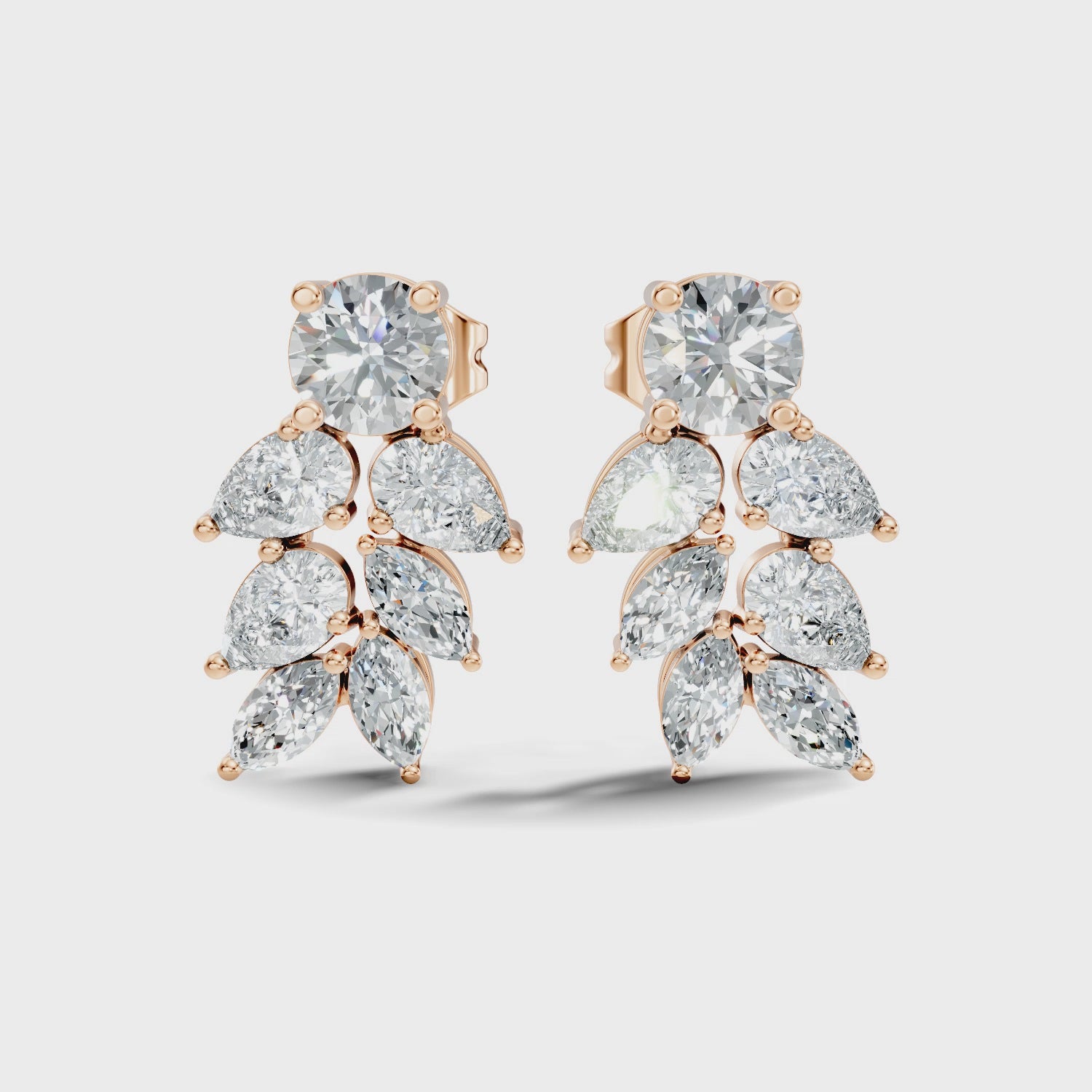 Round Solitaire & Cascading Leaf Cluster Diamond Stud