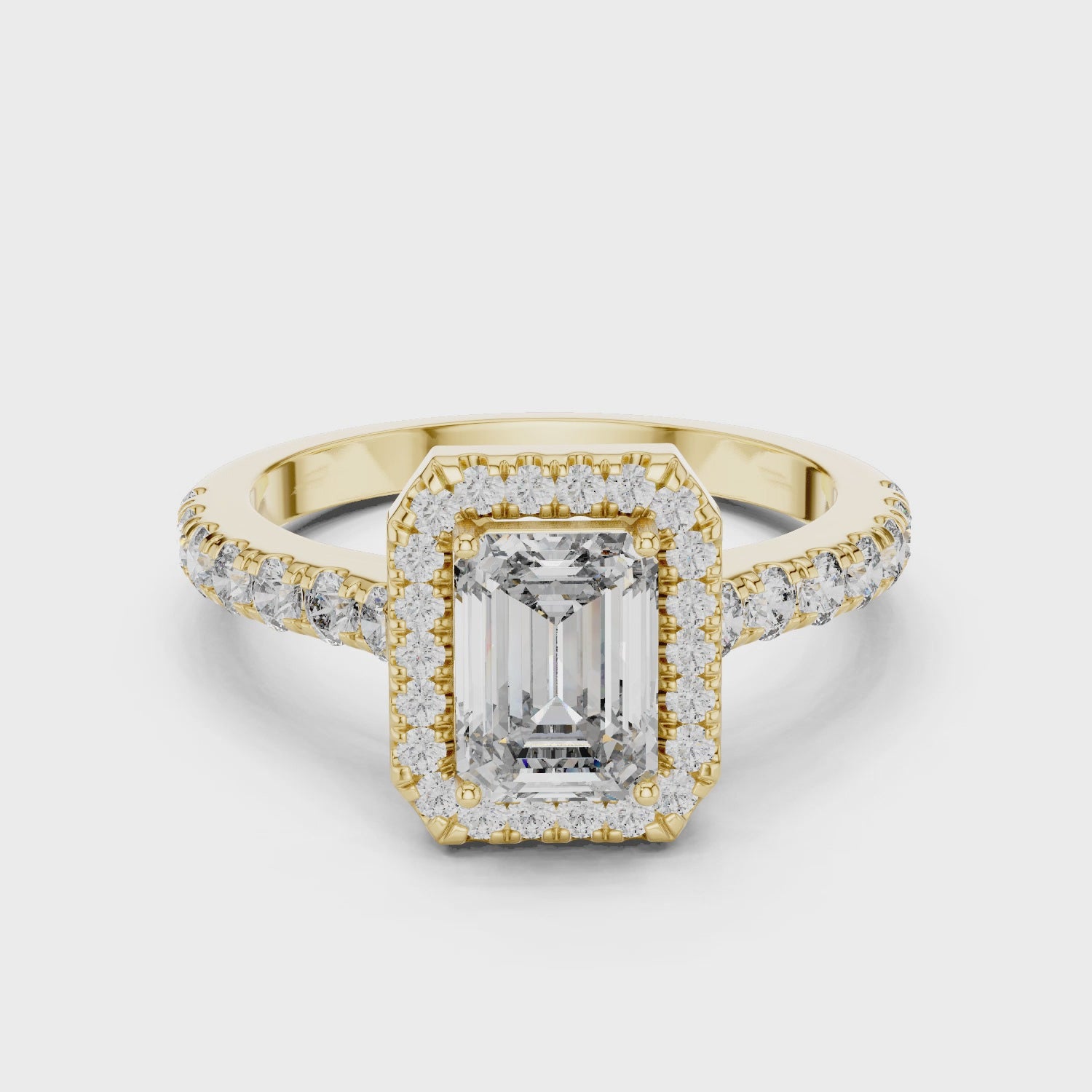 Emerald-Cut Halo Engagement Ring with Pave Band