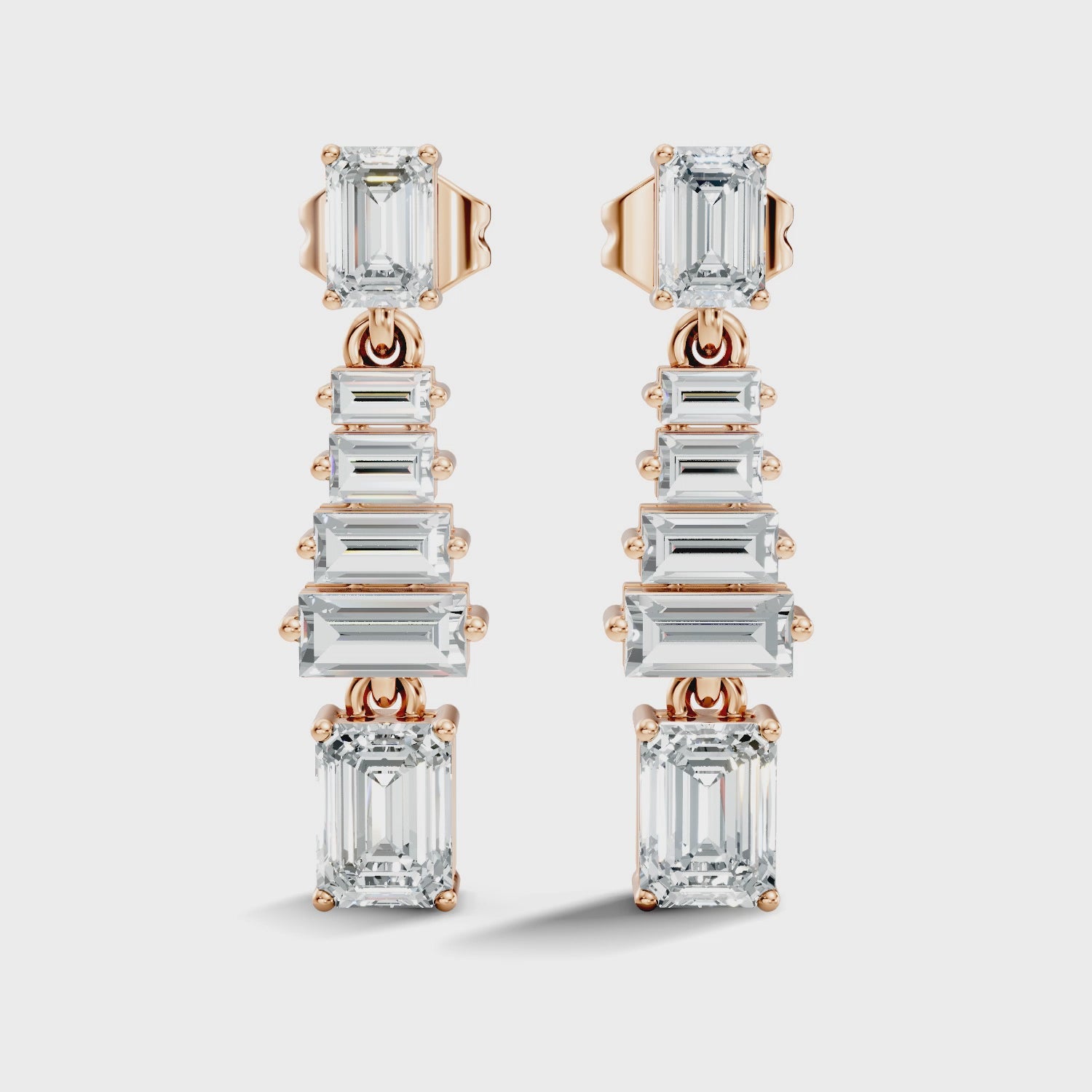 Emerald & Straight Baguette Diamond Linear Drop Earrings