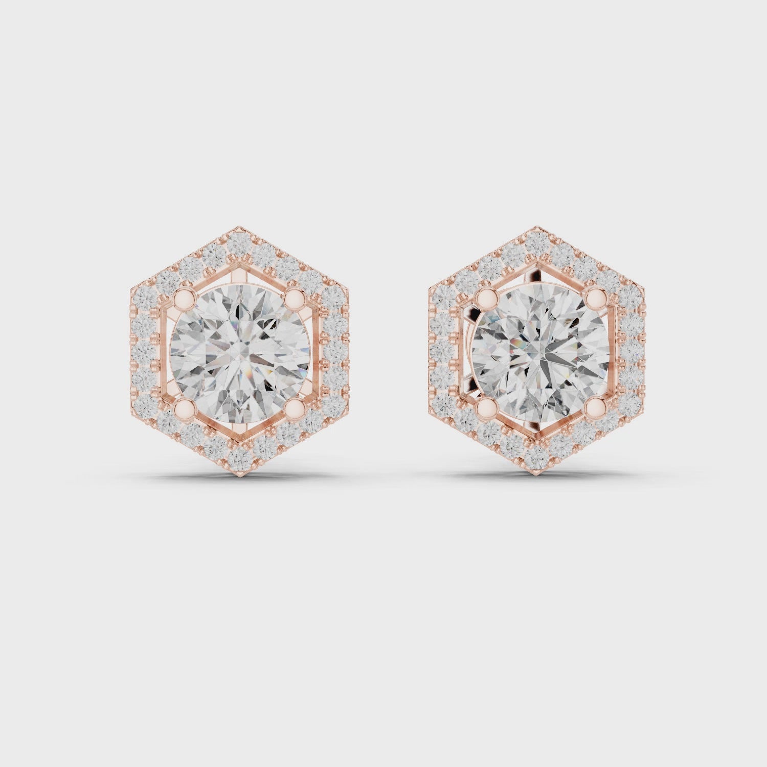 Round Cut Diamond Studs with Hexagonal Pave Halo Setting