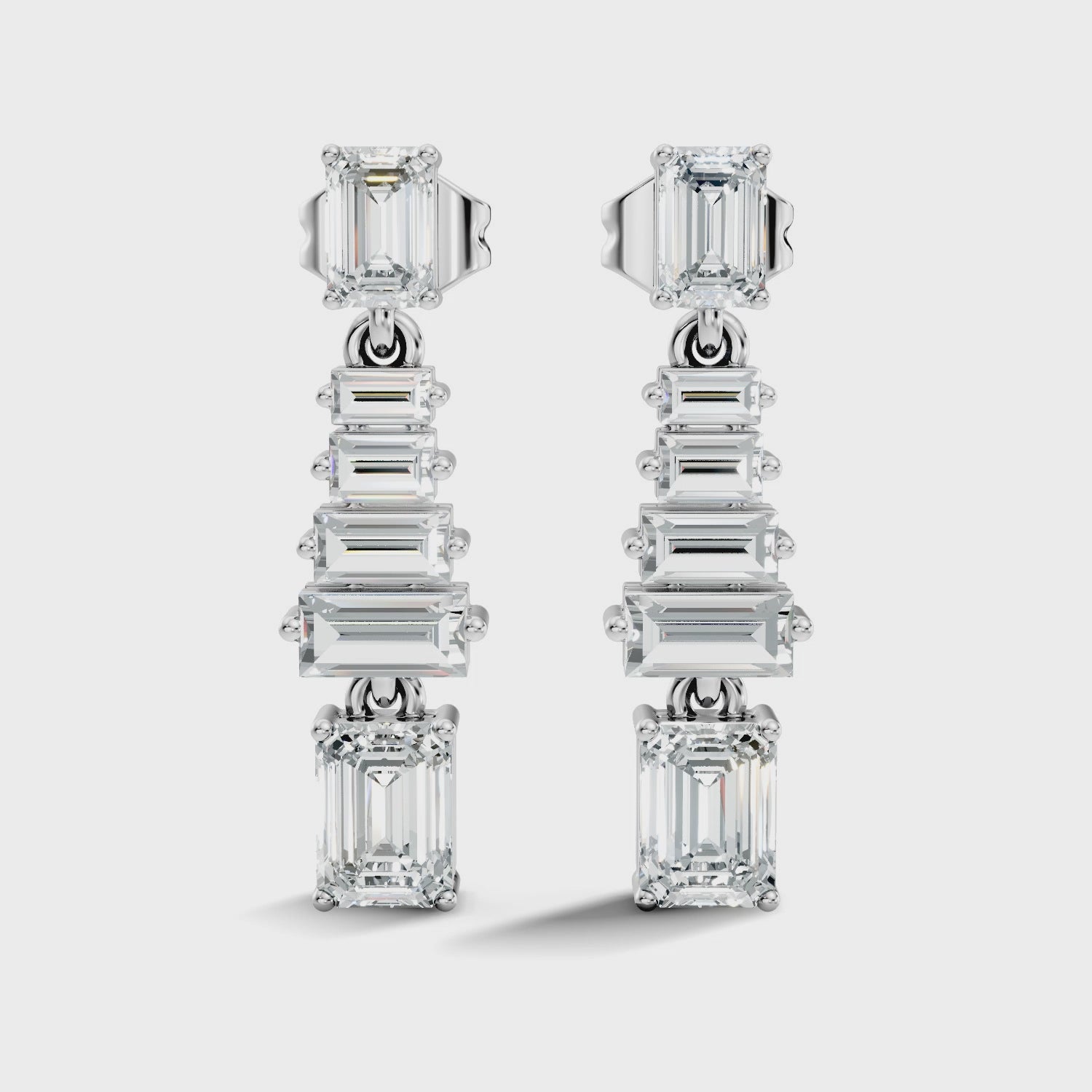 Emerald & Straight Baguette Diamond Linear Drop Earrings