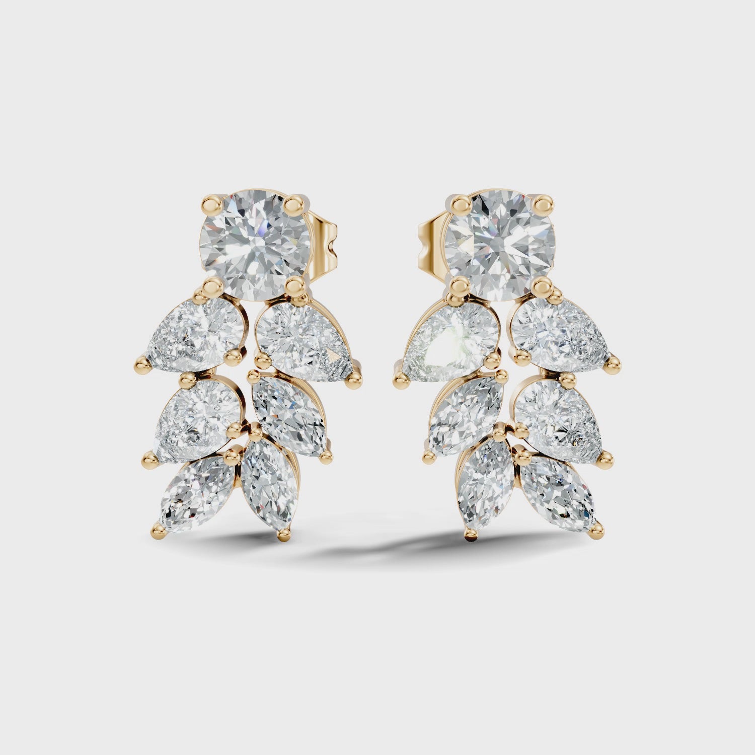 Round Solitaire & Cascading Leaf Cluster Diamond Stud