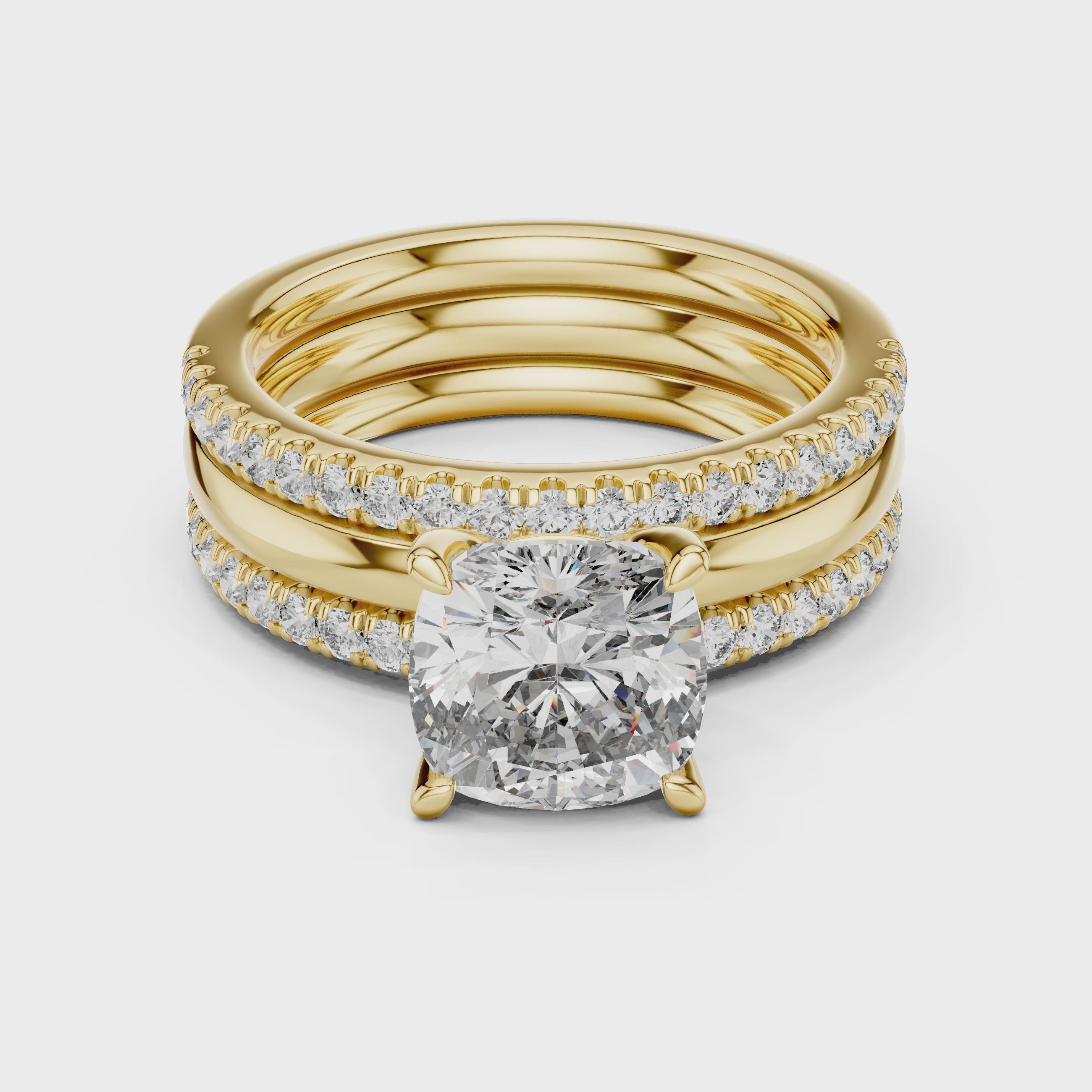 Cushion-Cut Solitaire Engagement Ring with Split Double-Row Pave Shank