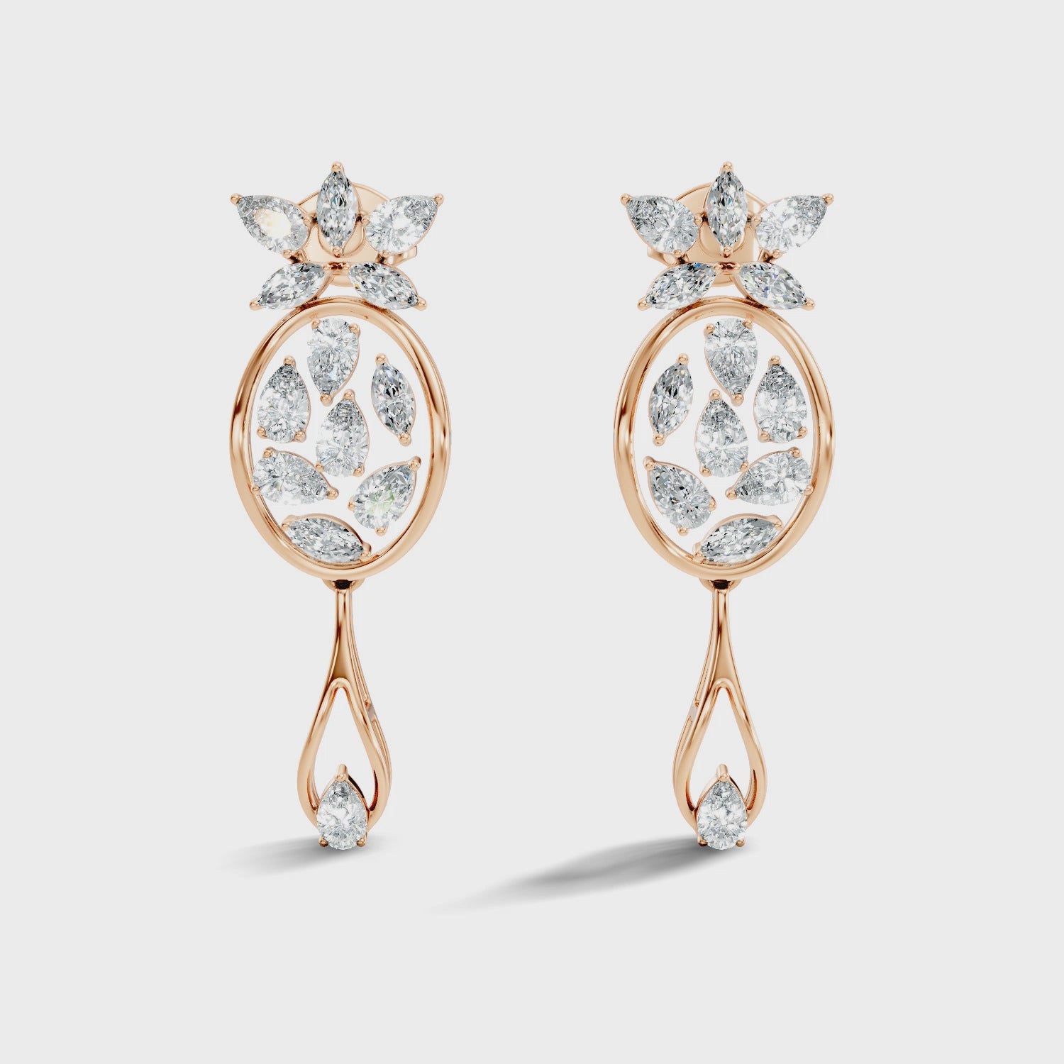 Oval Leaf Frame & Teardrop Marquise Pear Diamond Dangle Earrings (2.00 TCW)
